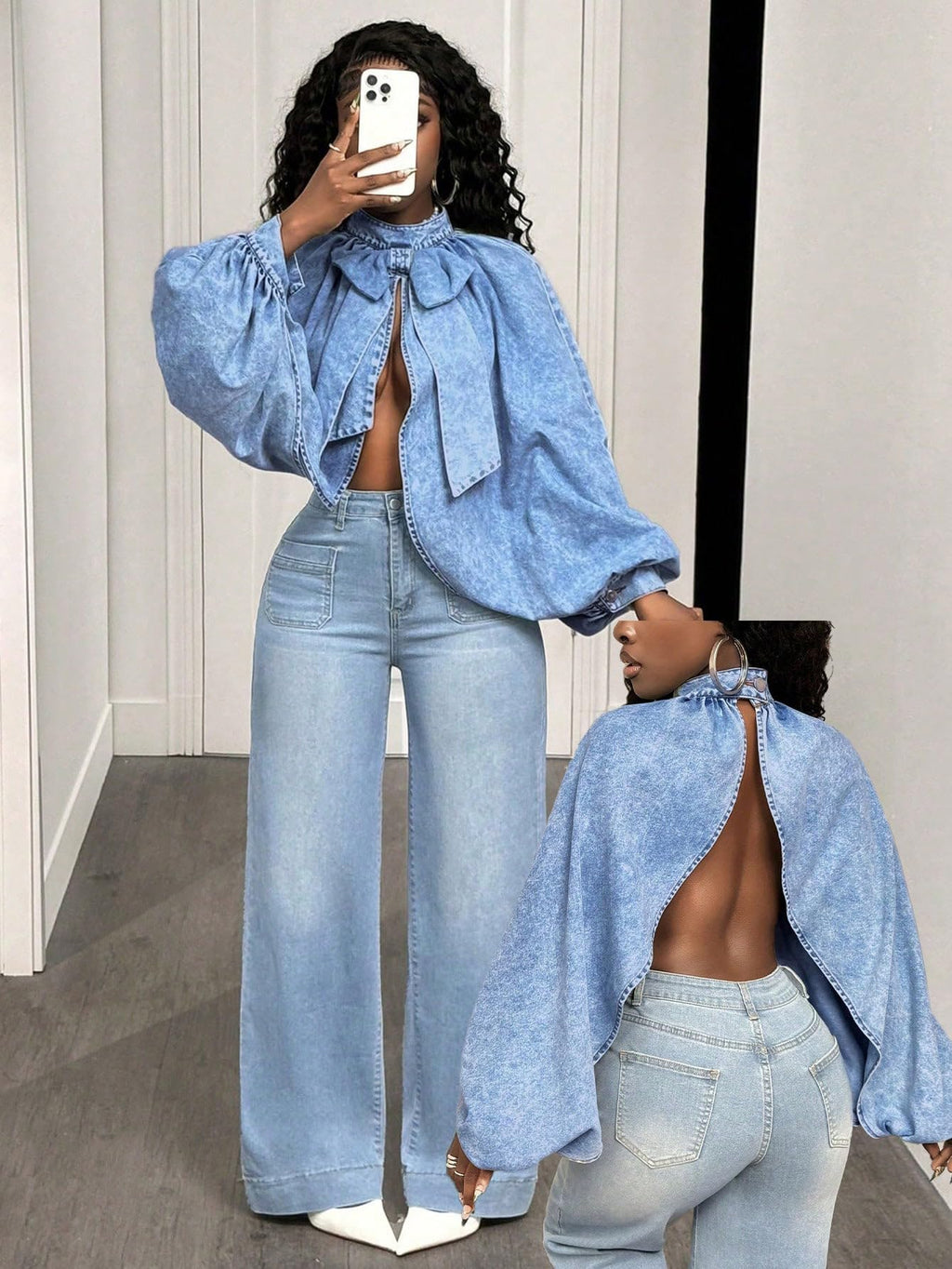 Denim Jacket Women Long Sleeve Backless Jean Blouse Tops Y2k Outfits