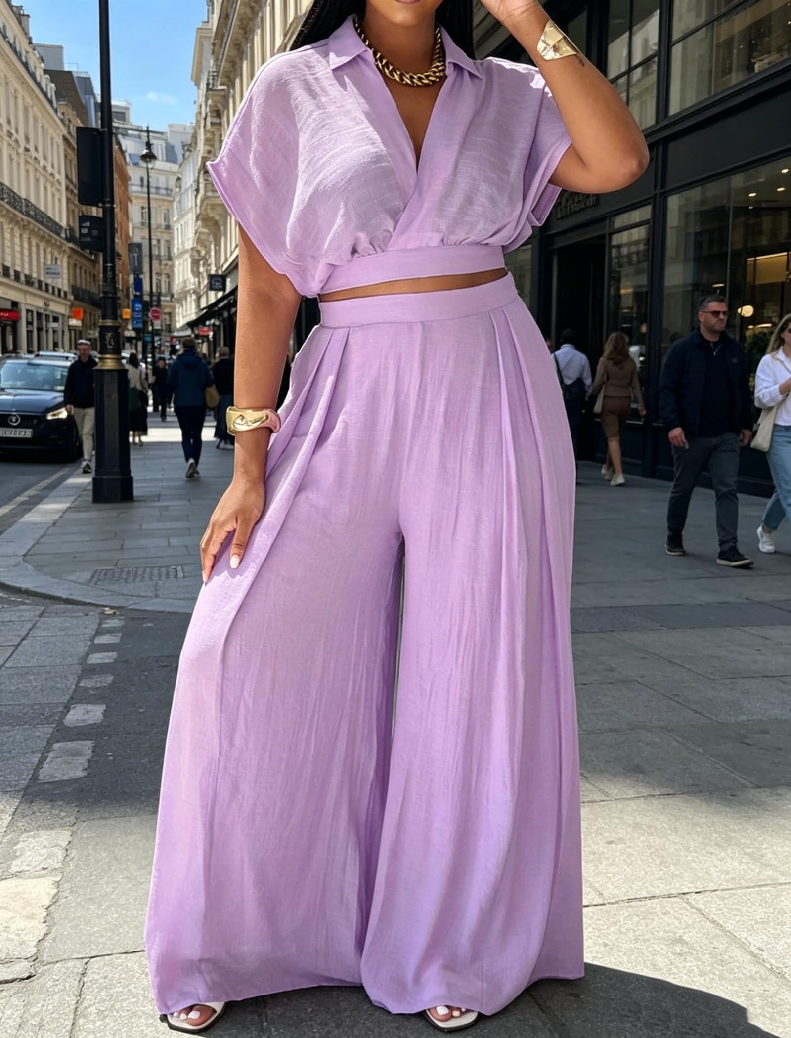 Ekaliy Women Two Piece Crop Top Flowy Wide Leg Pants Set Summer Outfits | Lightweight breathable fabric,batwing V-neck crop top,elastic waist wide leg lined pants with pockets for casual wear.