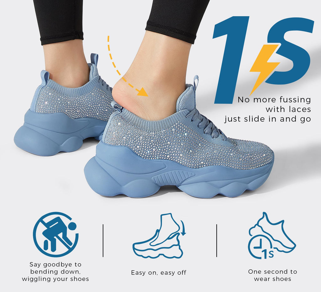 LUCKY STEP Women's Chunky Rhinestone Sneaker Sparkly Bling Bedazzled Mesh Slip on Elastic Sock Glitter Shiny Rave Walking Shoes