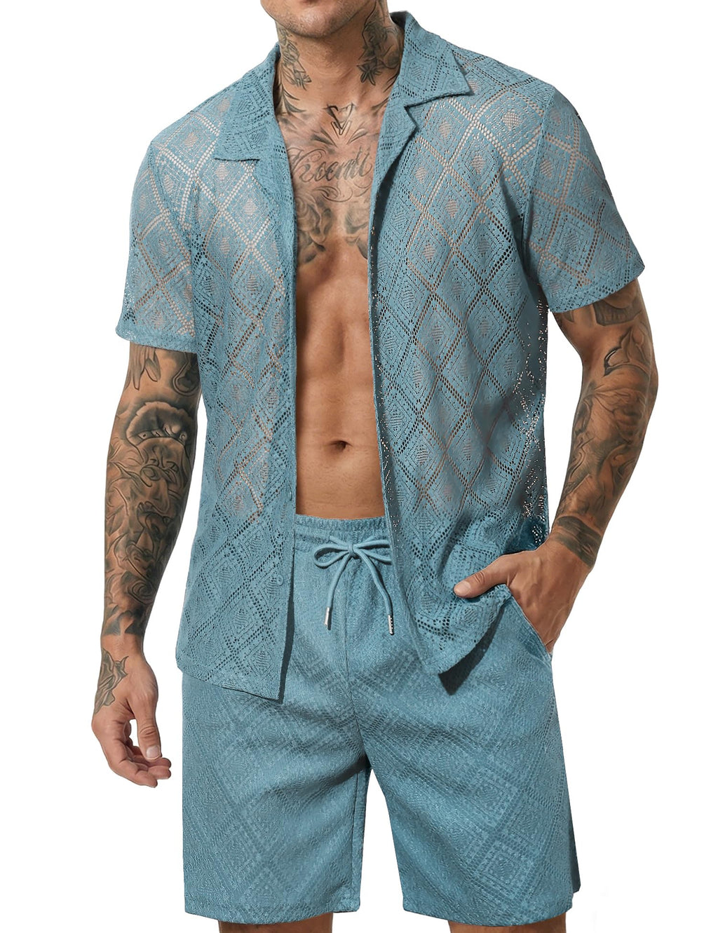 Men 2 Piece Shorts Set Sexy Lace Mesh Sheer Short Sleeve Summer Rave Outfit