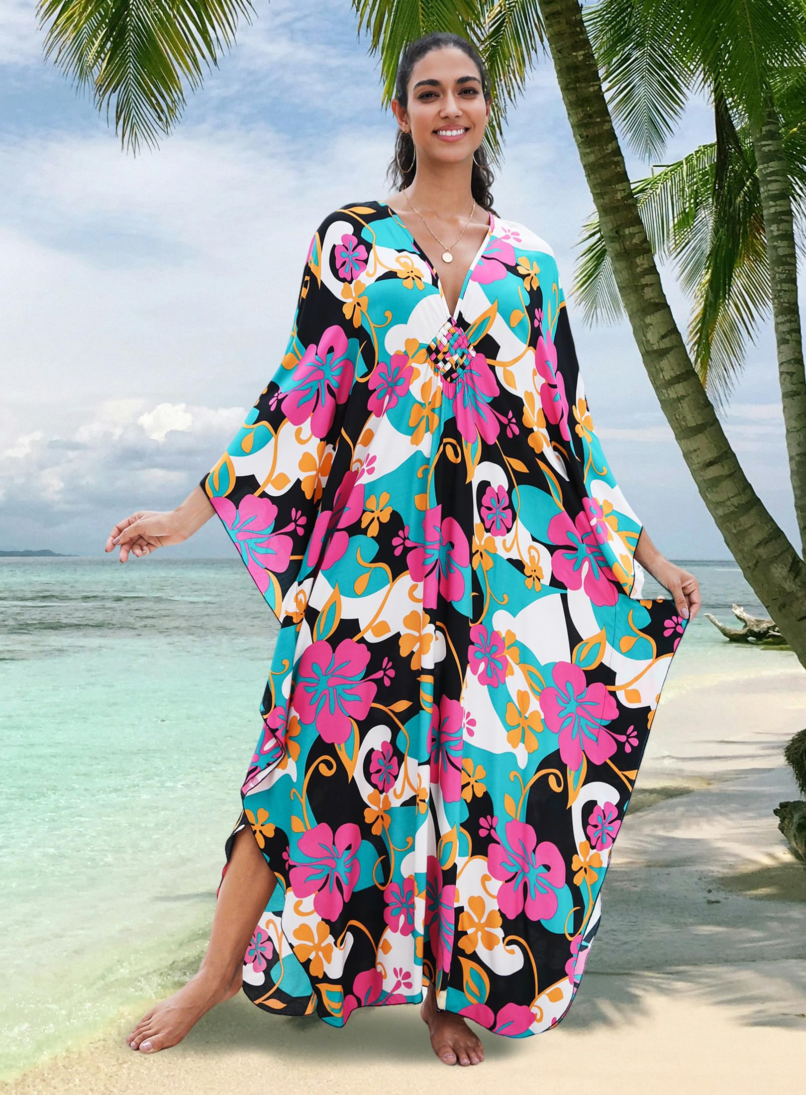 Yanziliu Kaftan Dress for Women,Plus Size Hawaiian Batwing Sleeve Beach Cover Up Summer Swimsuit Dresses