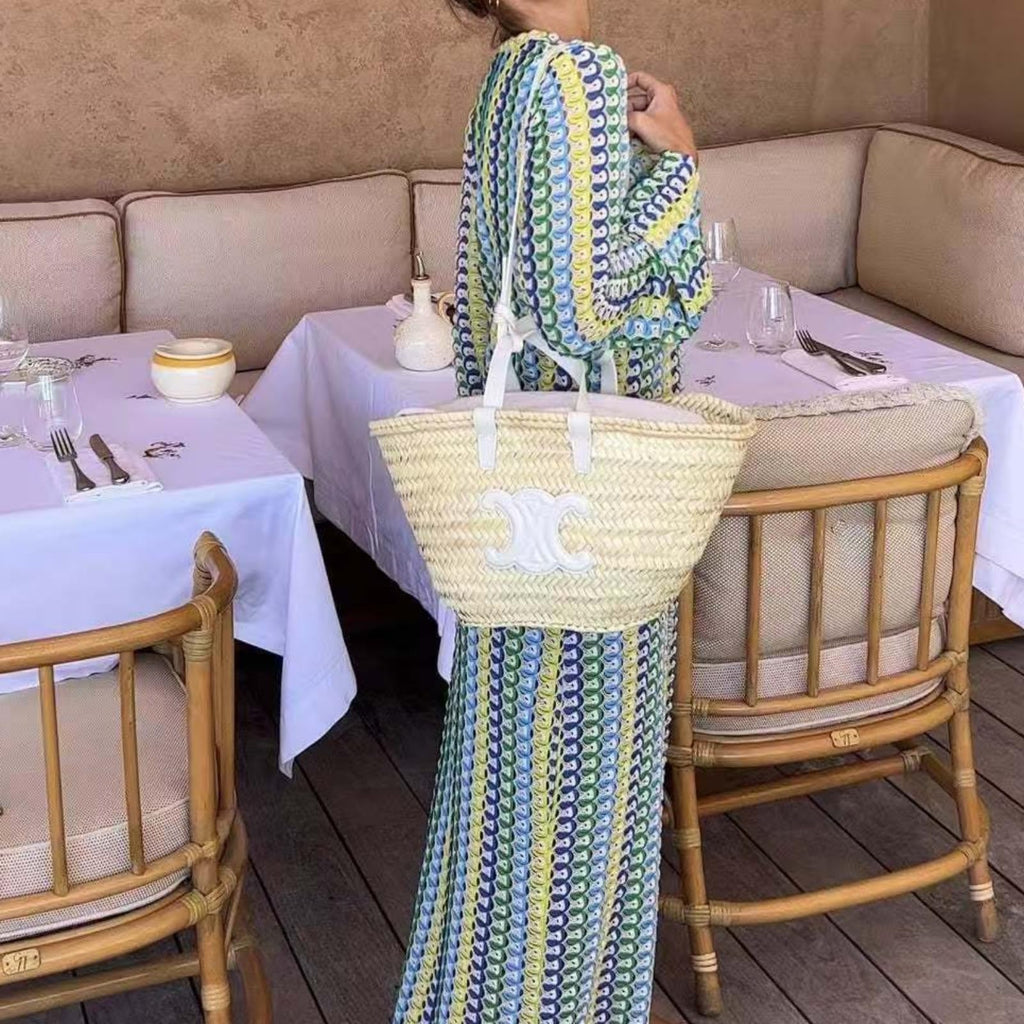 Womens Crochet Colorful Bell Long Sleeve V Neck Loose Maxi Dress Sexy Boho Eyelet Long Sundresses with Slit