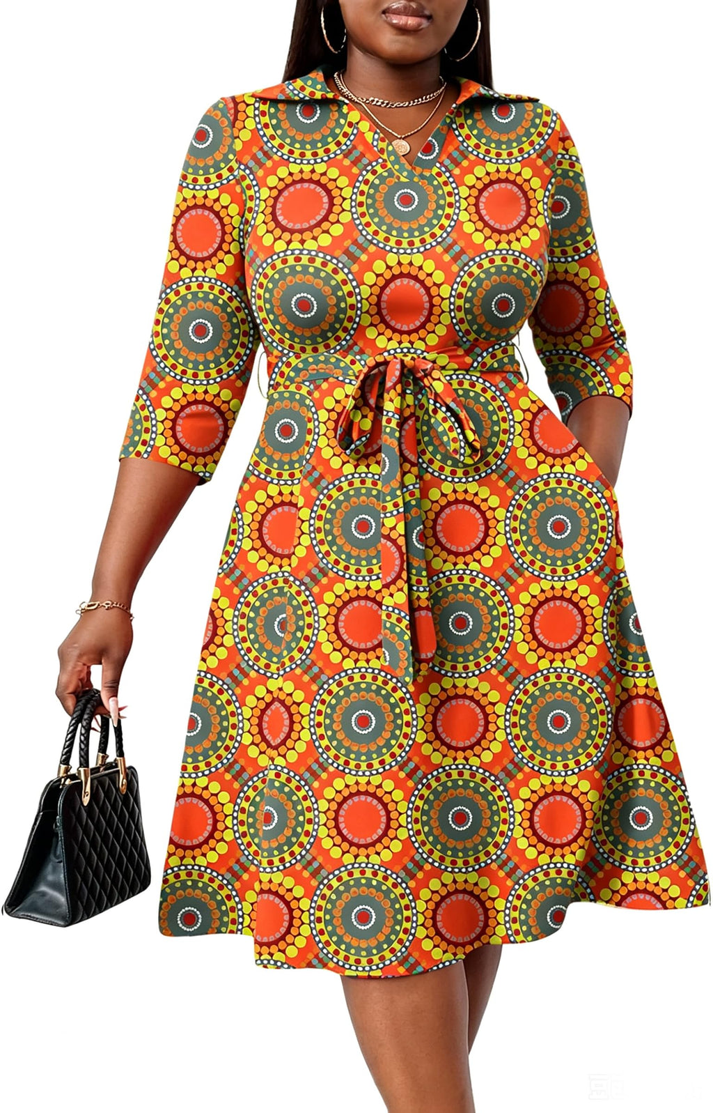 FANDEE Plus Size Midi Dress for Women Casual - Fit and Flare Summer Dresses | Semi Formal,African Print,Polo Collar Cocktail Dress,With Pockets And Belt