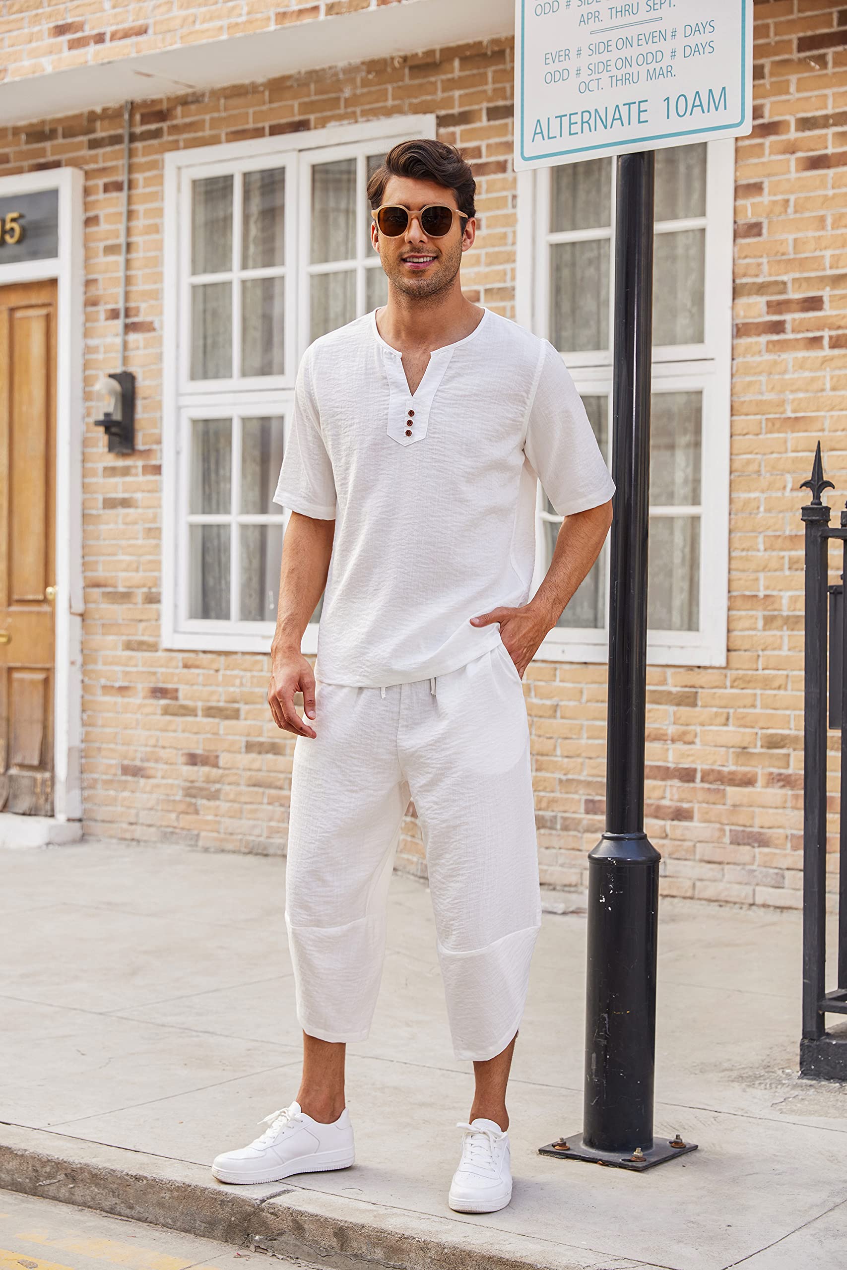 COOFANDY Men's 2 Pieces Linen Set Henley Shirt Short Sleeve and Harem Capri Pants Wide Leg Baggy Beach Yoga Trousers Outfits