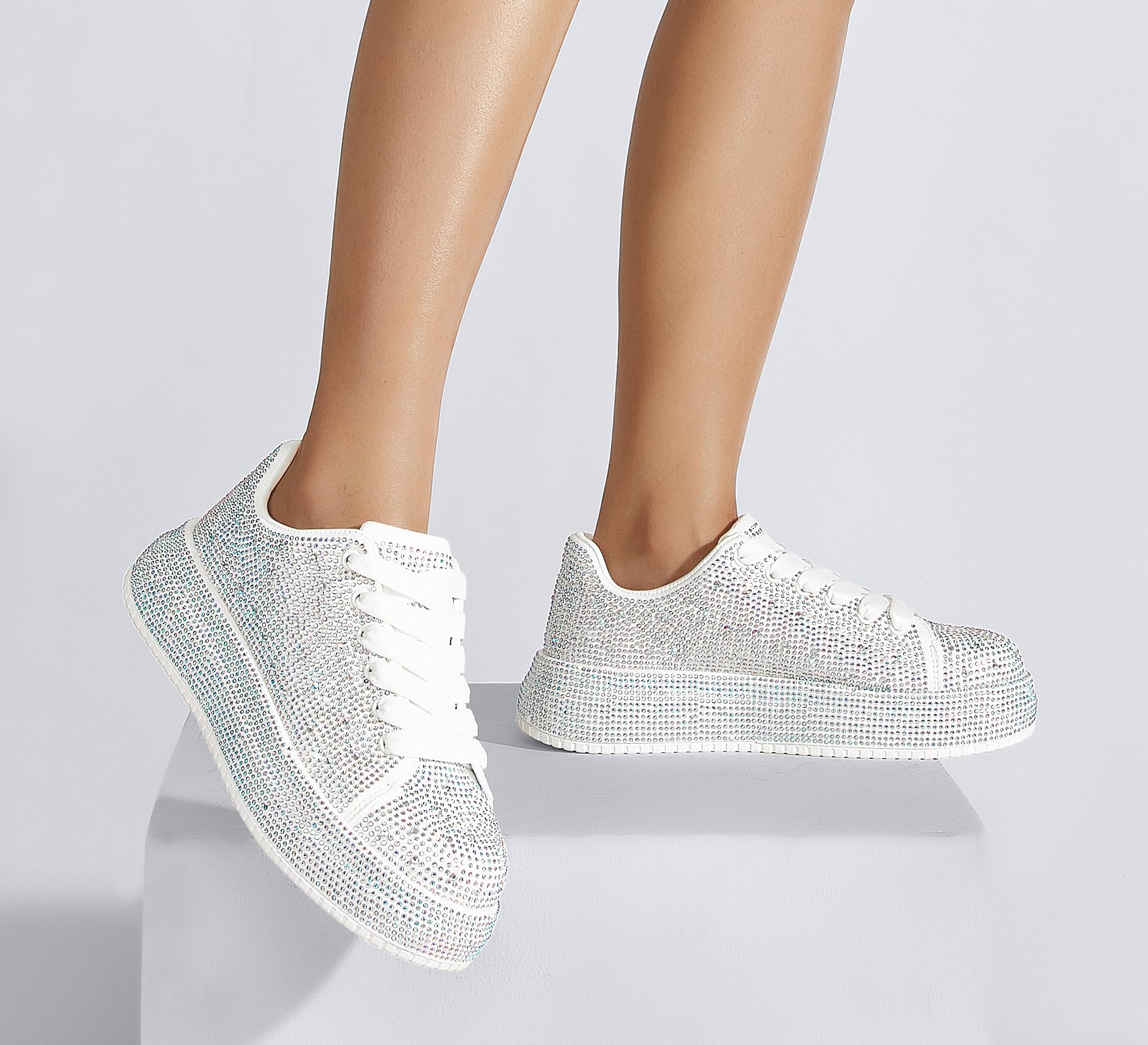 LUCKY STEP Rhinestone Platform Sneakers for Women | Sparkly Glitter Bling Tennis Shoes Fashion Wedding Party Walking Sneakers