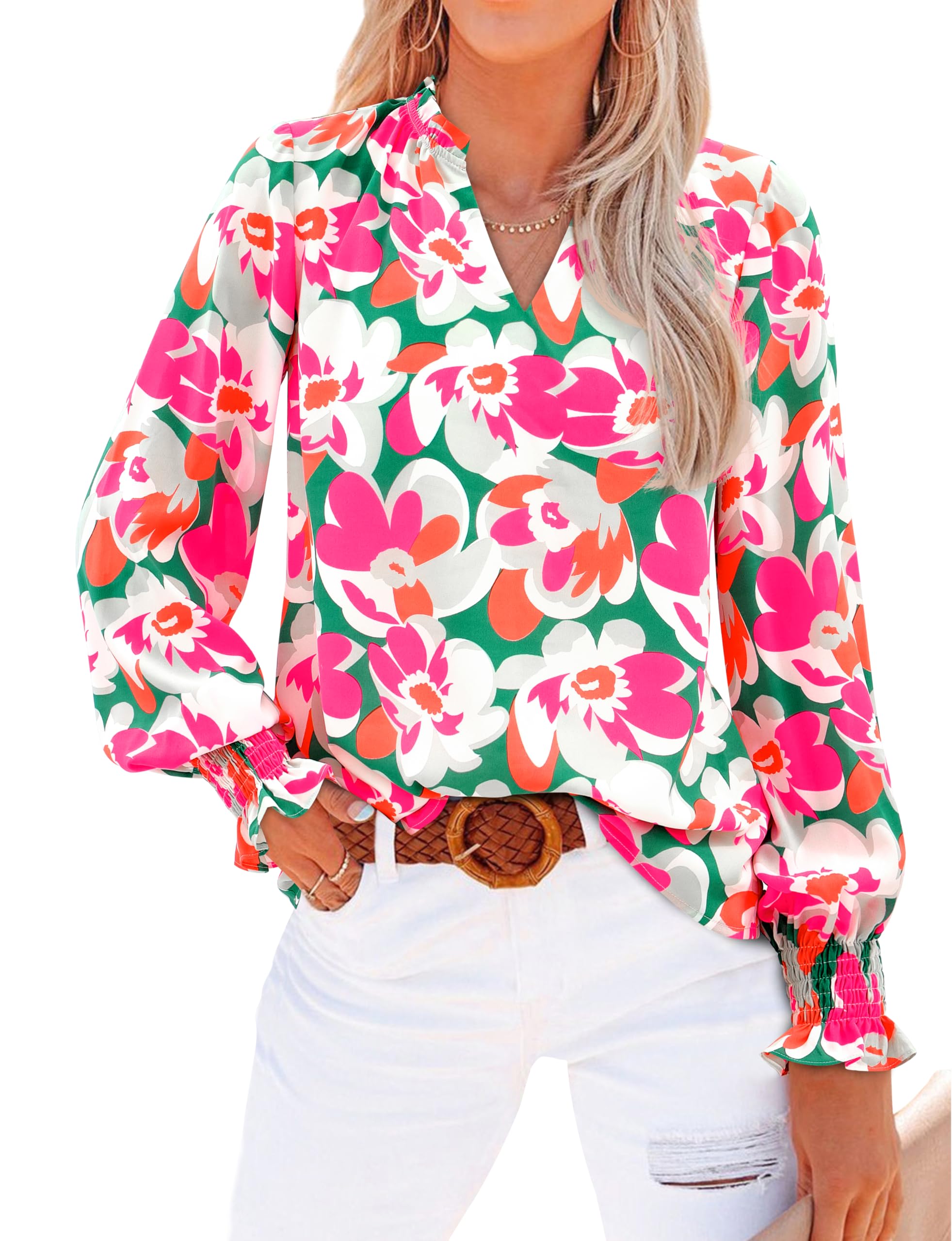 MASCOMODA Womens Boho Floral Long Sleeve Loose Chiffon Blouses | Puff Sleeve Ruffle V Neck Tops, Work Blouses for Women Dressy Casual, 2026 Summer T Shirts, Hawaiian Shirts for Women