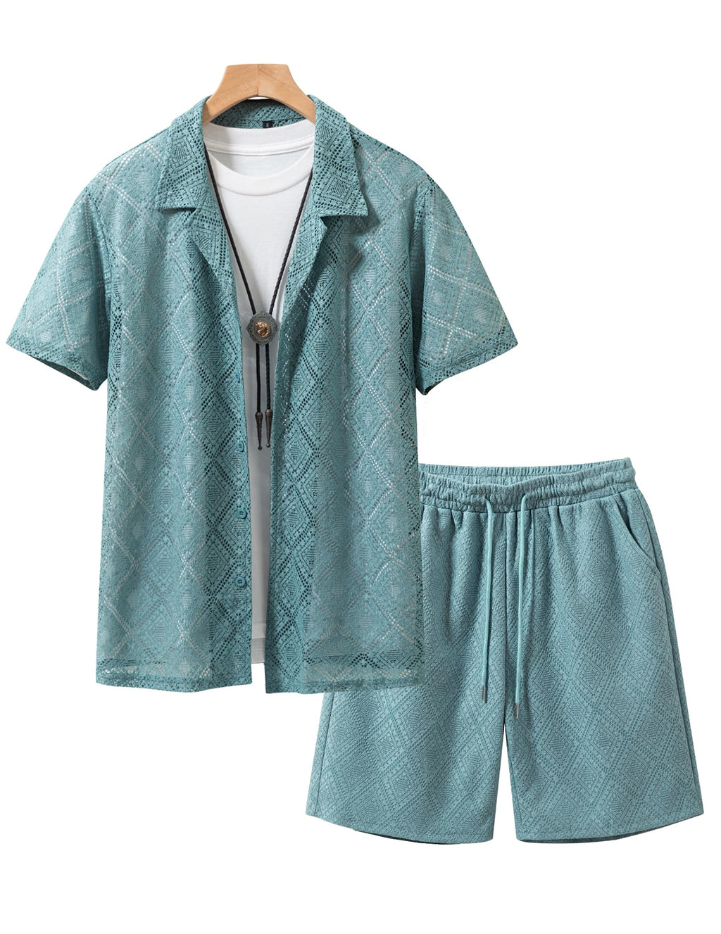 Men 2 Piece Shorts Set Sexy Lace Mesh Sheer Short Sleeve Summer Rave Outfit