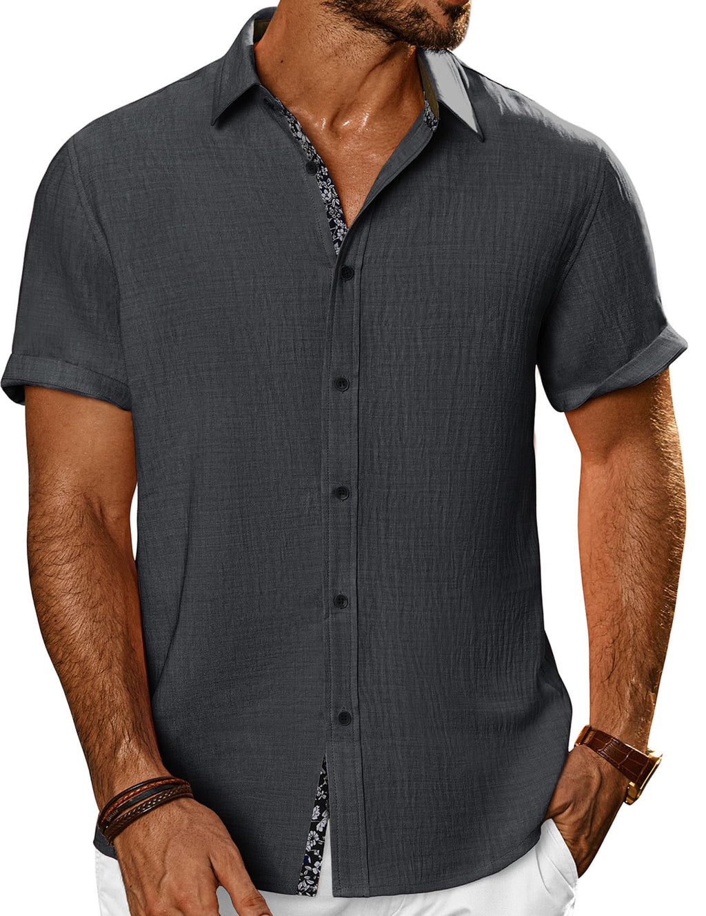 PJ PAUL JONES Mens Short Sleeve Button Down Shirts Casual Summer Clothing | Linen Textured, Summer Beach Vacation Tops, Untucked Dress Shirt, Lightweight, Regular Fit, Fashion Resort Wear