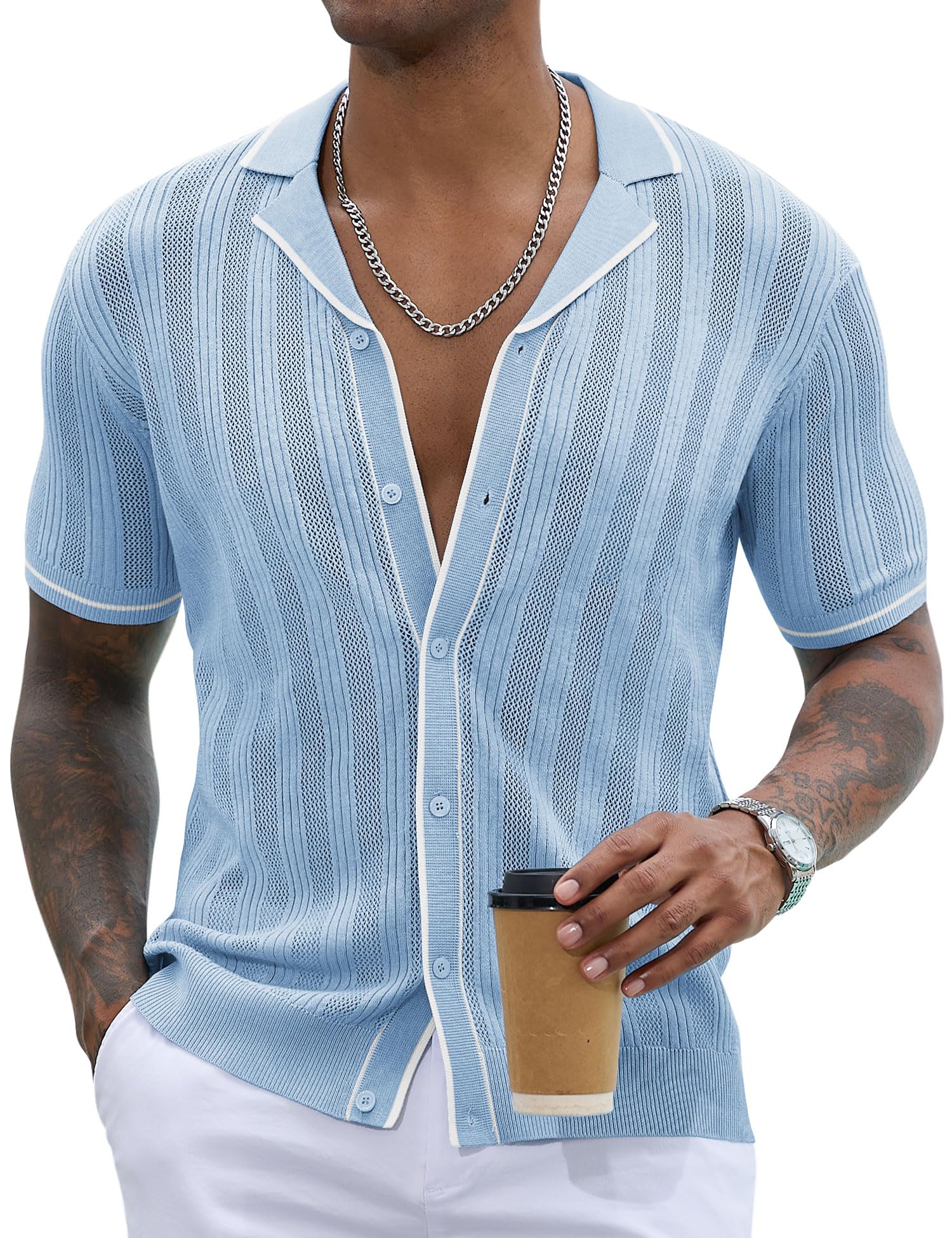 Men's Knit Button Down Shirt Short Sleeve Vintage Knitted Striped Summer Beach Tops S-XXL