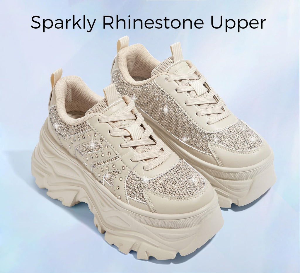 LUCKY STEP Women's Rhinestone Chunky Sneakers Breathable | Lightweight Running Non Slip Breathable Chunky
