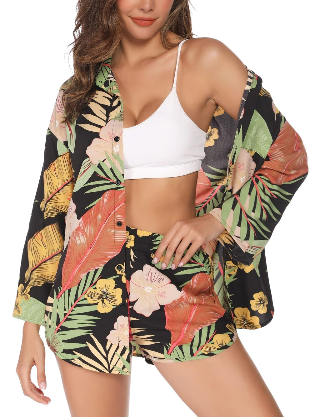 Women 2 Piece Outfit Sexy Printed Crop Top and Shorts Set | Tie Front, Long Sleeve, Matching Set, For Club Party Vacation