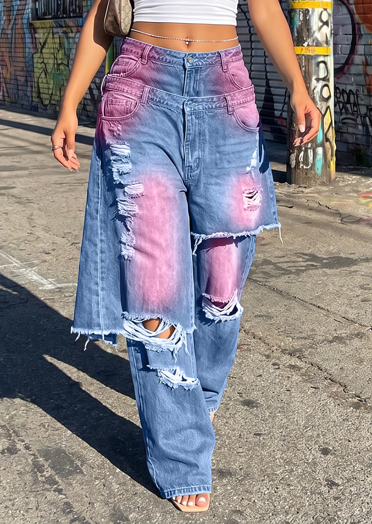 LKOUS Women's Ripped Baggy Jeans High Waist Wide Leg Patchwork Streetwear | Distressed, cutout, Y2K, hip hop, stretchy, soft, pocket, casual, concert, vintage. Machine wash