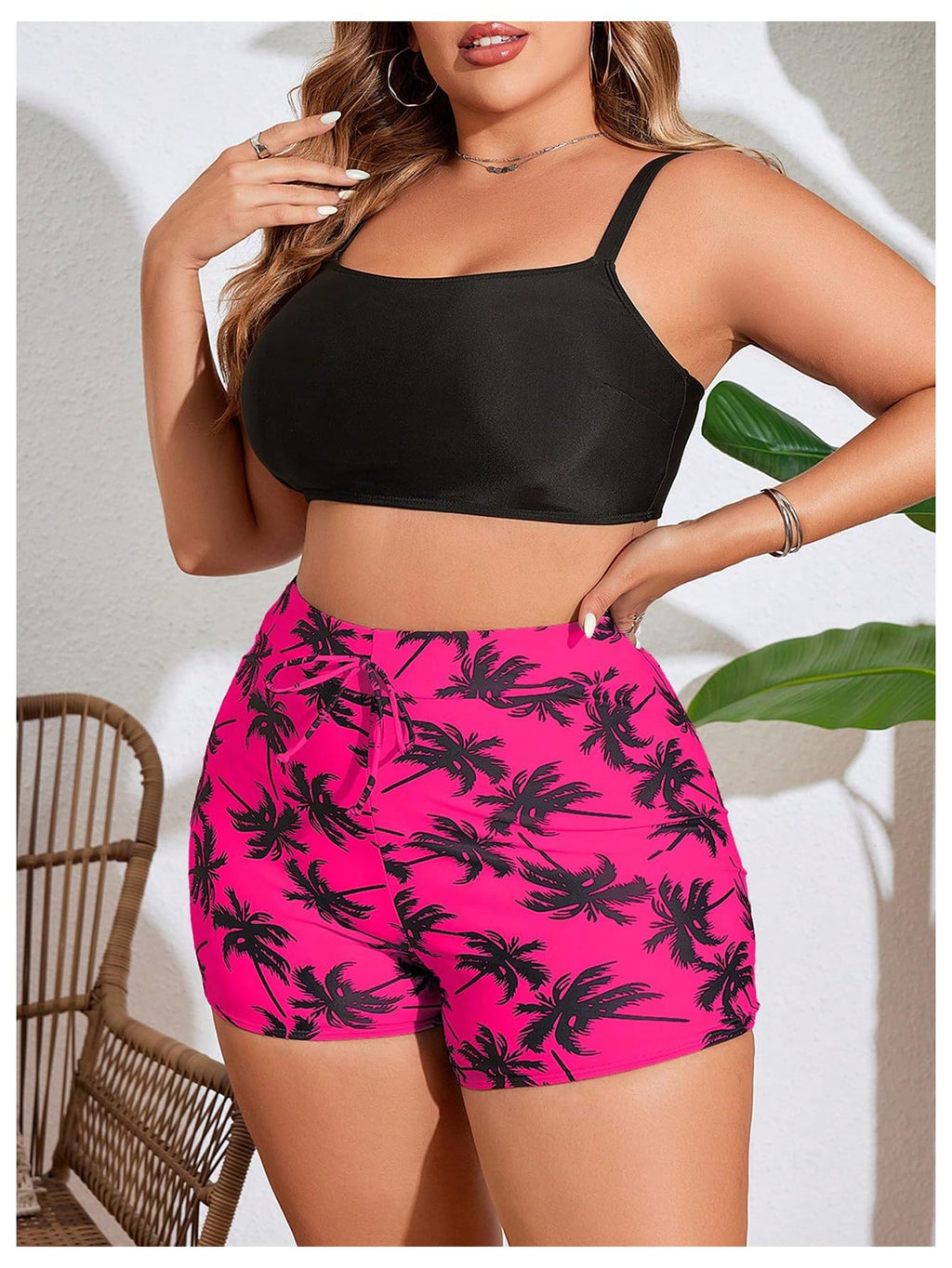 Women's 3 Piece Plus Size Swimsuit Tankini Shorts Set High Waisted Bathing Suit Graphic Beachwear with Mesh Cover Up