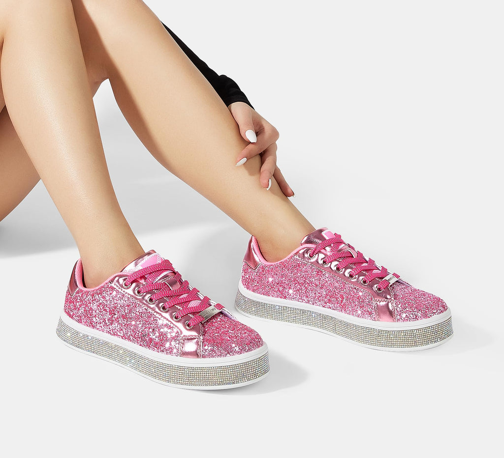 LUCKY STEP Women's Platform Sparkly Glitter Sneakers | Bling Shiny Dressy Bedazzled Wedding Bridal Fashion Walking Shoes