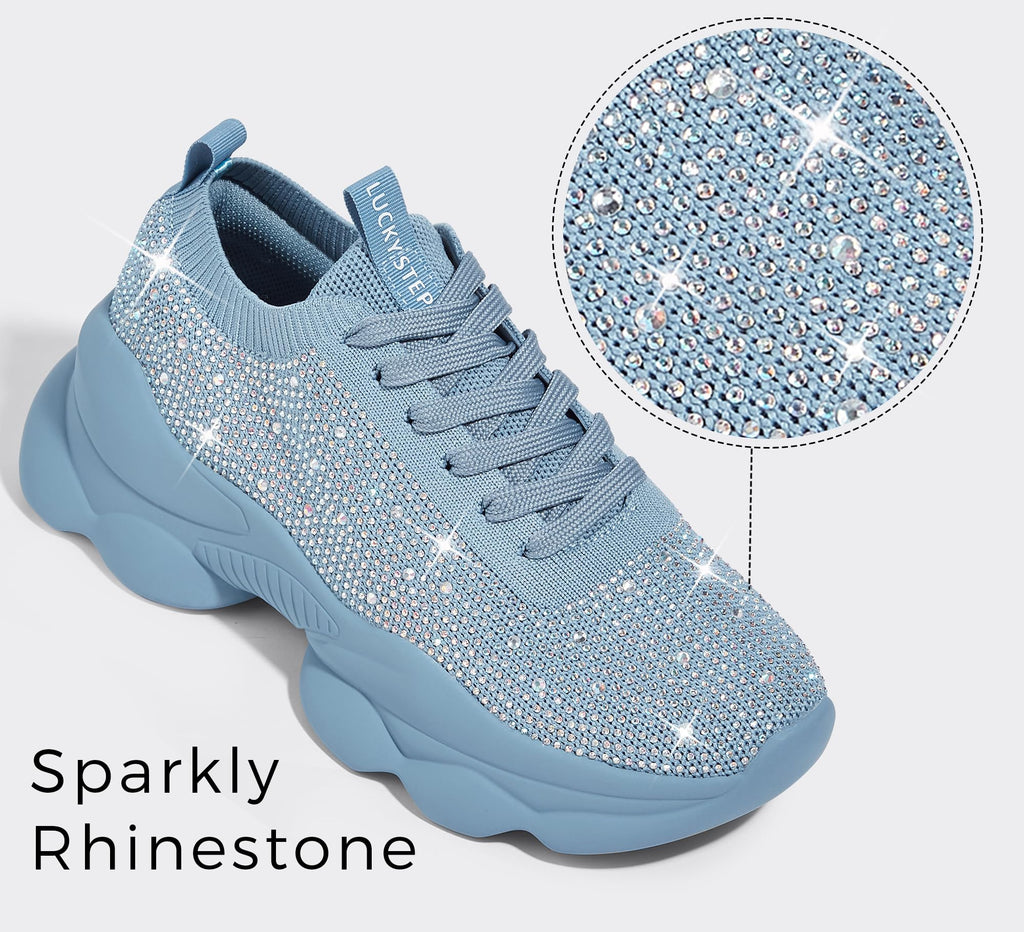 LUCKY STEP Women's Chunky Rhinestone Sneaker Sparkly Bling Bedazzled Mesh Slip on Elastic Sock Glitter Shiny Rave Walking Shoes