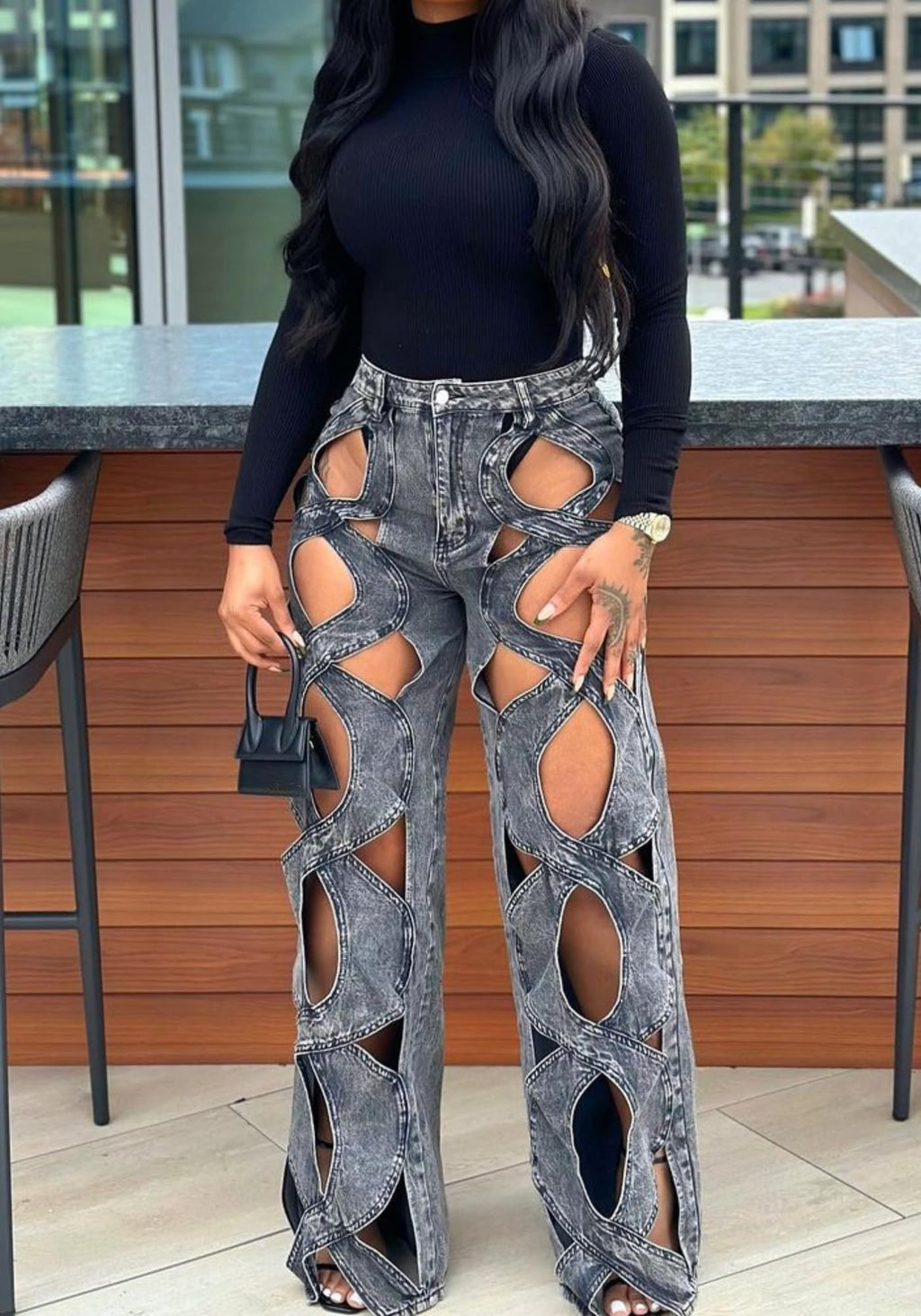 Vaceky Women's Twist Cutout Wide Leg Jeans Lightweight Denim Pant | Modern Patchwork Detail for Brunch, City Outings & Weekend Looks