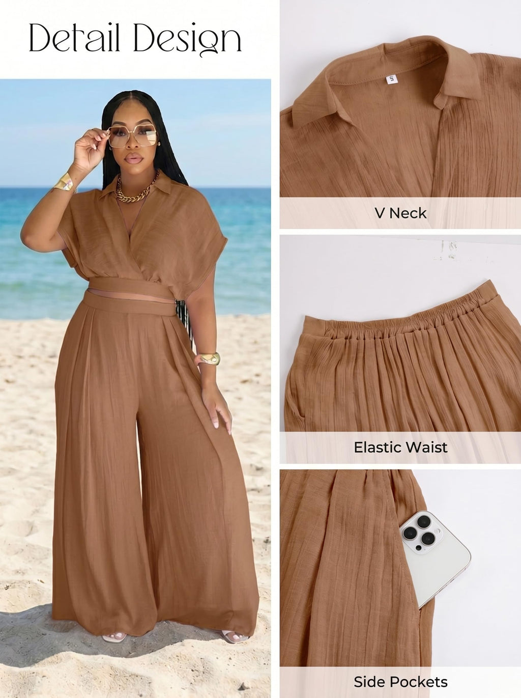 Ekaliy Women Two Piece Crop Top Flowy Wide Leg Pants Set Summer Outfits | Lightweight breathable fabric,batwing V-neck crop top,elastic waist wide leg lined pants with pockets for casual wear.