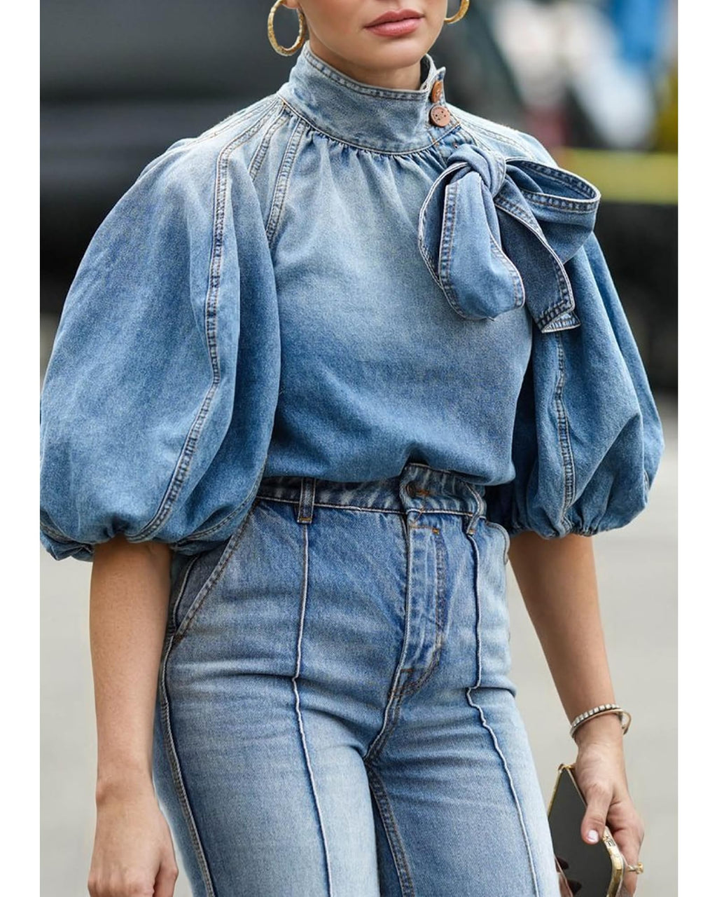 Women's Bow Design Denim Pullover Top Button Up High Neck Fashionable Jacket with Elastic and Puff Sleeves