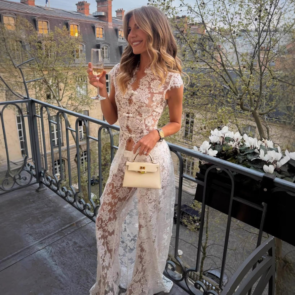 THLAI 2 Piece Outfits for Women Lace See Through V Neck Cap Sleeve Dress-Style Top and Wide Leg Pants Vacation Outfits