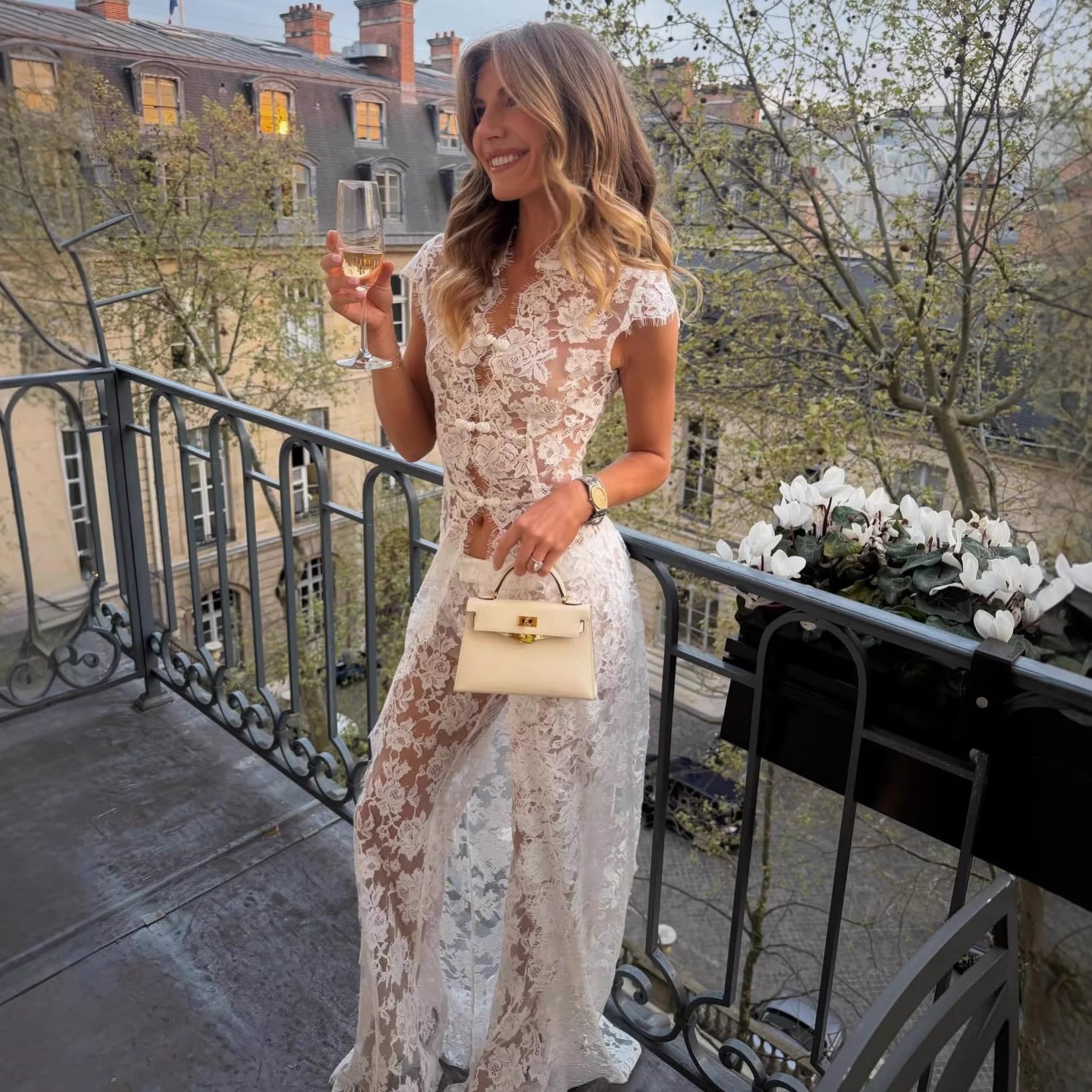 THLAI 2 Piece Outfits for Women Lace See Through V Neck Cap Sleeve Dress-Style Top and Wide Leg Pants Vacation Outfits
