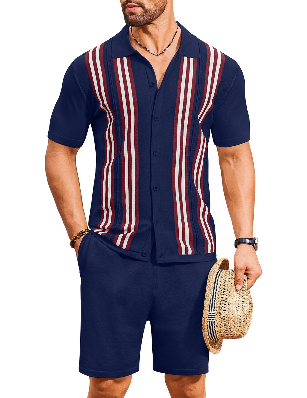 COOFANDY Men's 2 Piece Outfits Summer Short Sets Vintage Knit Button Down Shirt Short Sleeve Polo Casual Beach Suits
