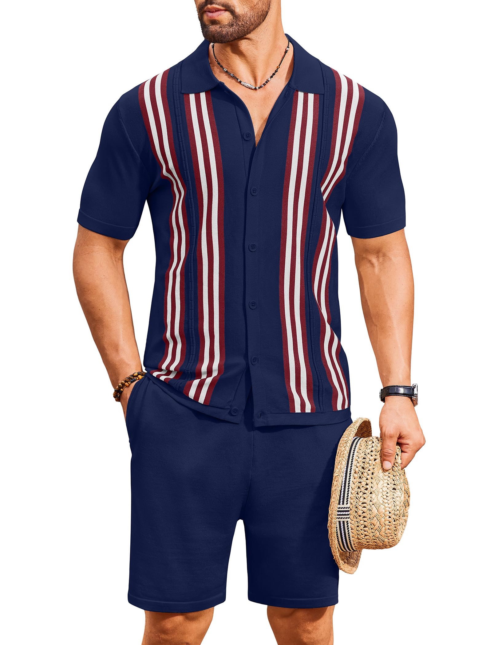 COOFANDY Men's 2 Piece Outfits Summer Short Sets Vintage Knit Button Down Shirt Short Sleeve Polo Casual Beach Suits
