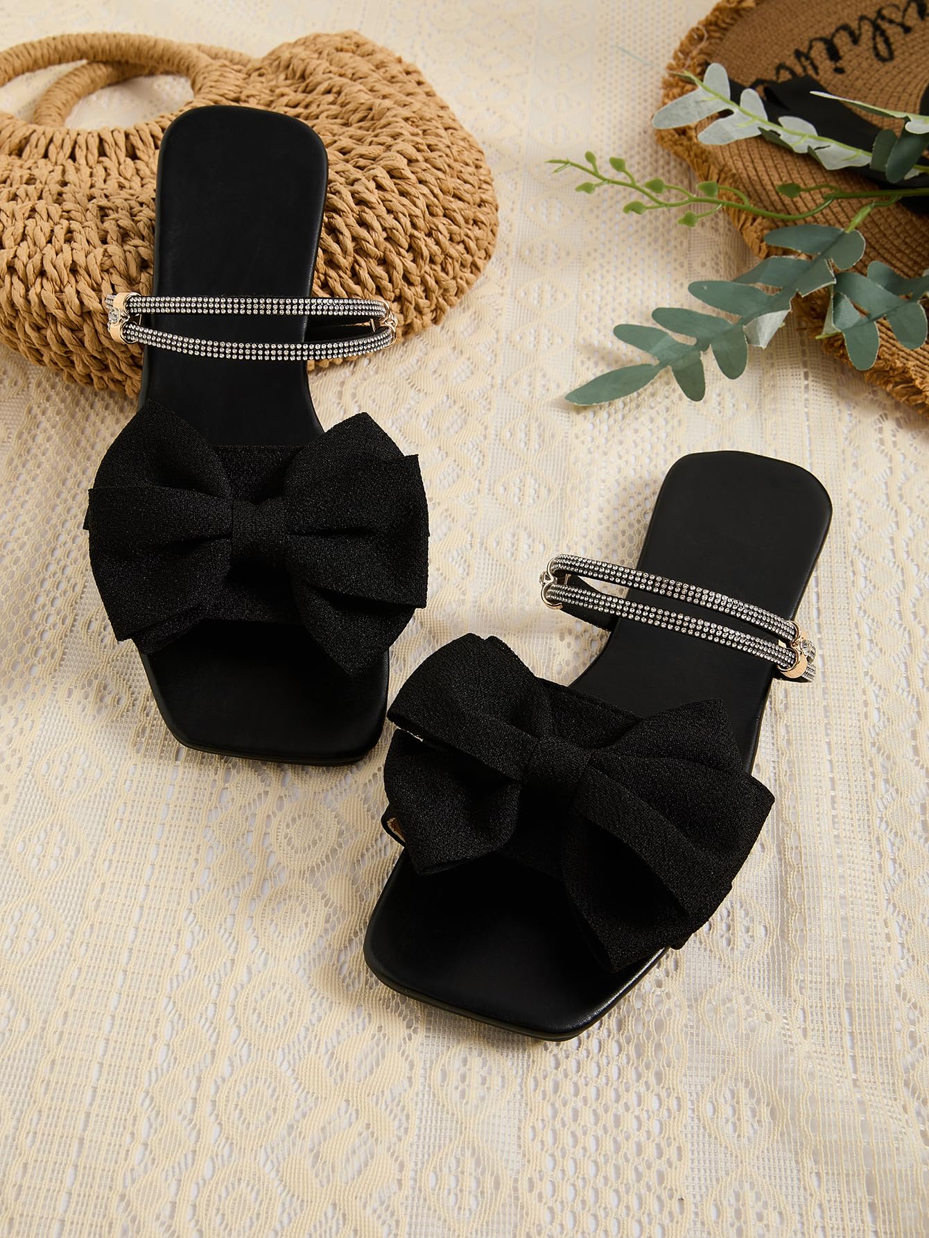 GORGLITTER Women's Bow Flat Sandals Dressy Rhinestone Comfortable Sandals | Cute Slip On Slides, Strappy Flats, Square Toe, Sparkly Dressy Party Wedding Sandals for Bride