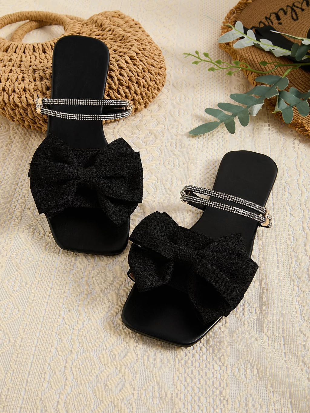 GORGLITTER Women's Bow Flat Sandals Dressy Rhinestone Comfortable Sandals | Cute Slip On Slides, Strappy Flats, Square Toe, Sparkly Dressy Party Wedding Sandals for Bride