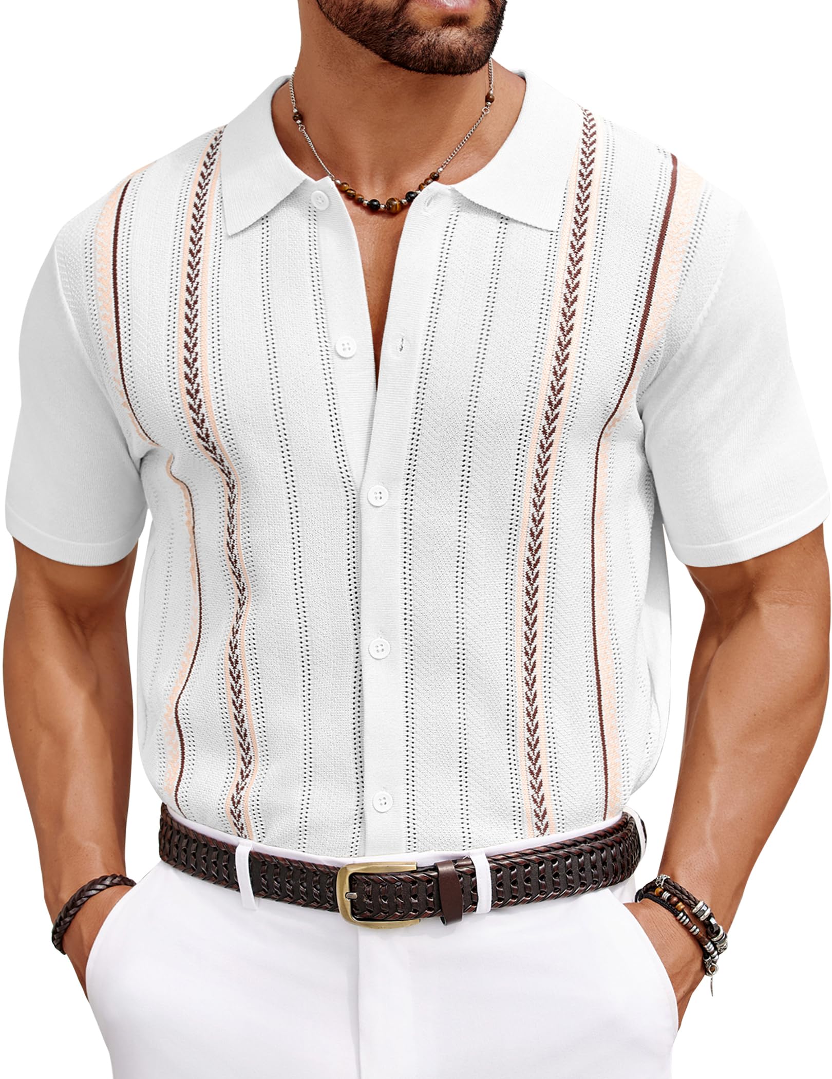 COOFANDY Knit Shirts for Men Casual Short Sleeve Button Down Shirts Summer Beach Stretch Fit Collared Shirts
