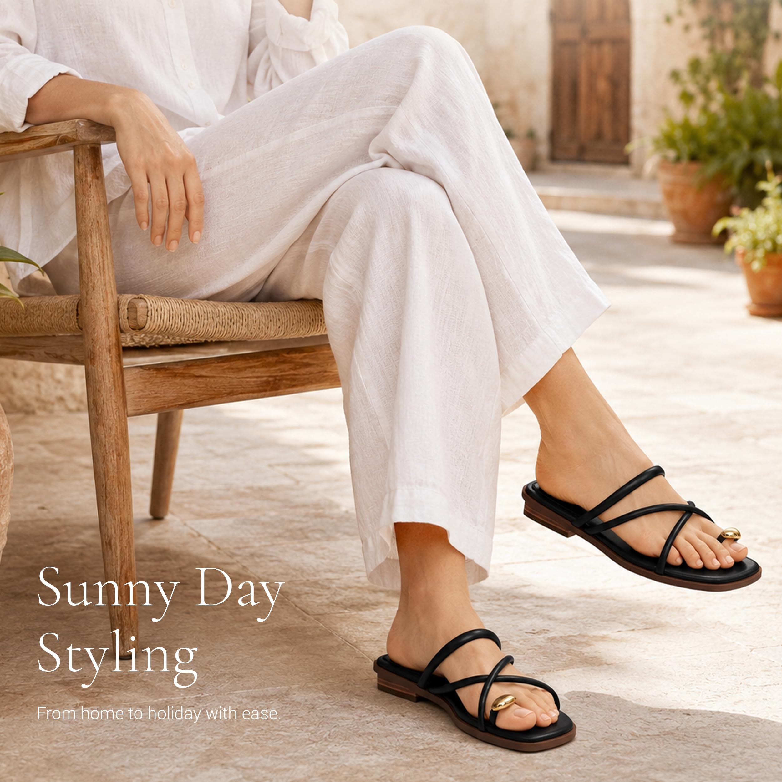 REFRASE LIFE Women's Toe Ring Slide Sandals Strappy Toe Loop Slip On Open Toe Flip Flops, Casual Summer Beach Shoes