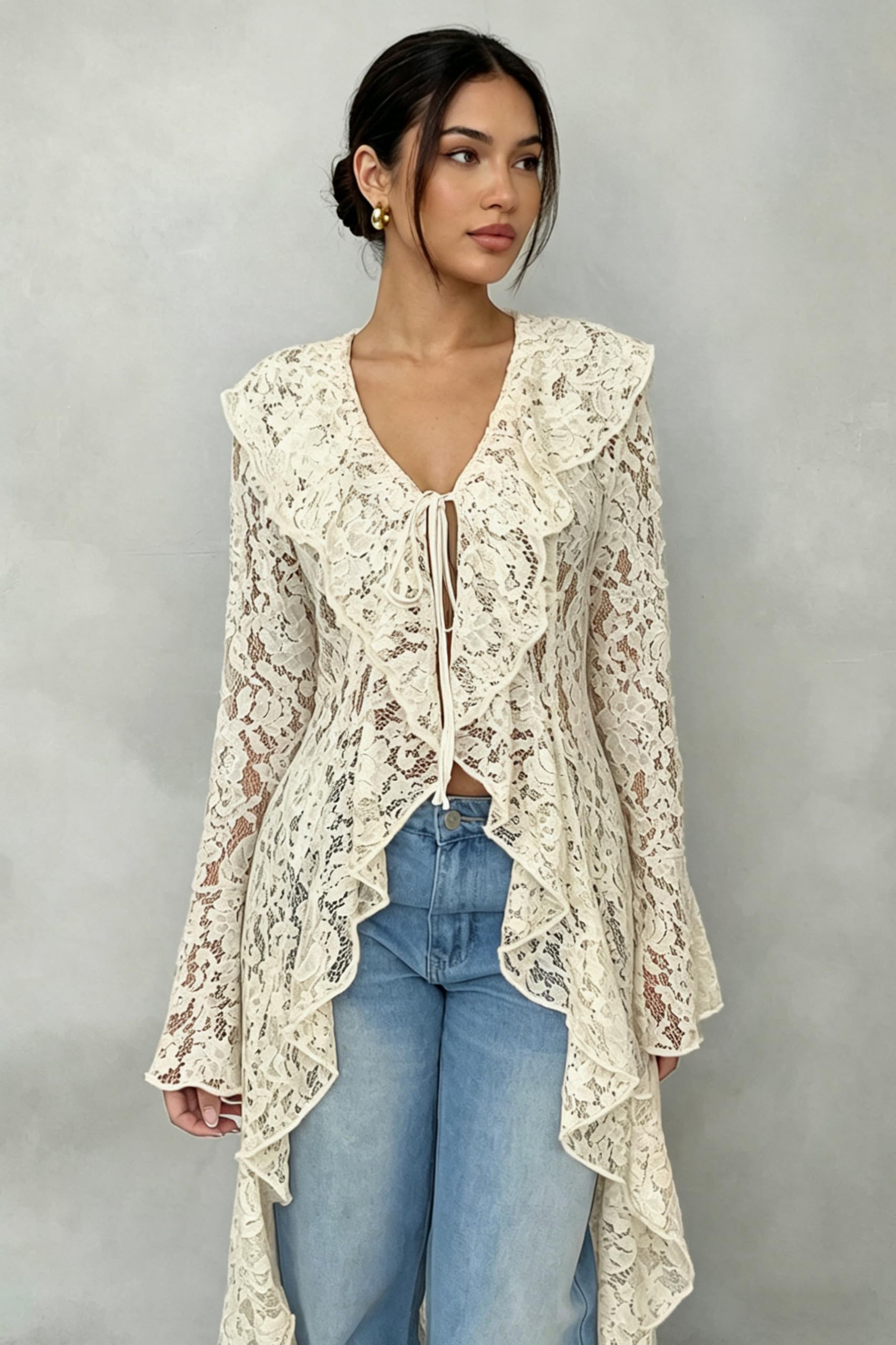 Lace Cardigan for Women Maxi Summer Lightweight Open Front Tie Bell Long Sleeve Ruffled Tops Duster Swimsuit Cover Up