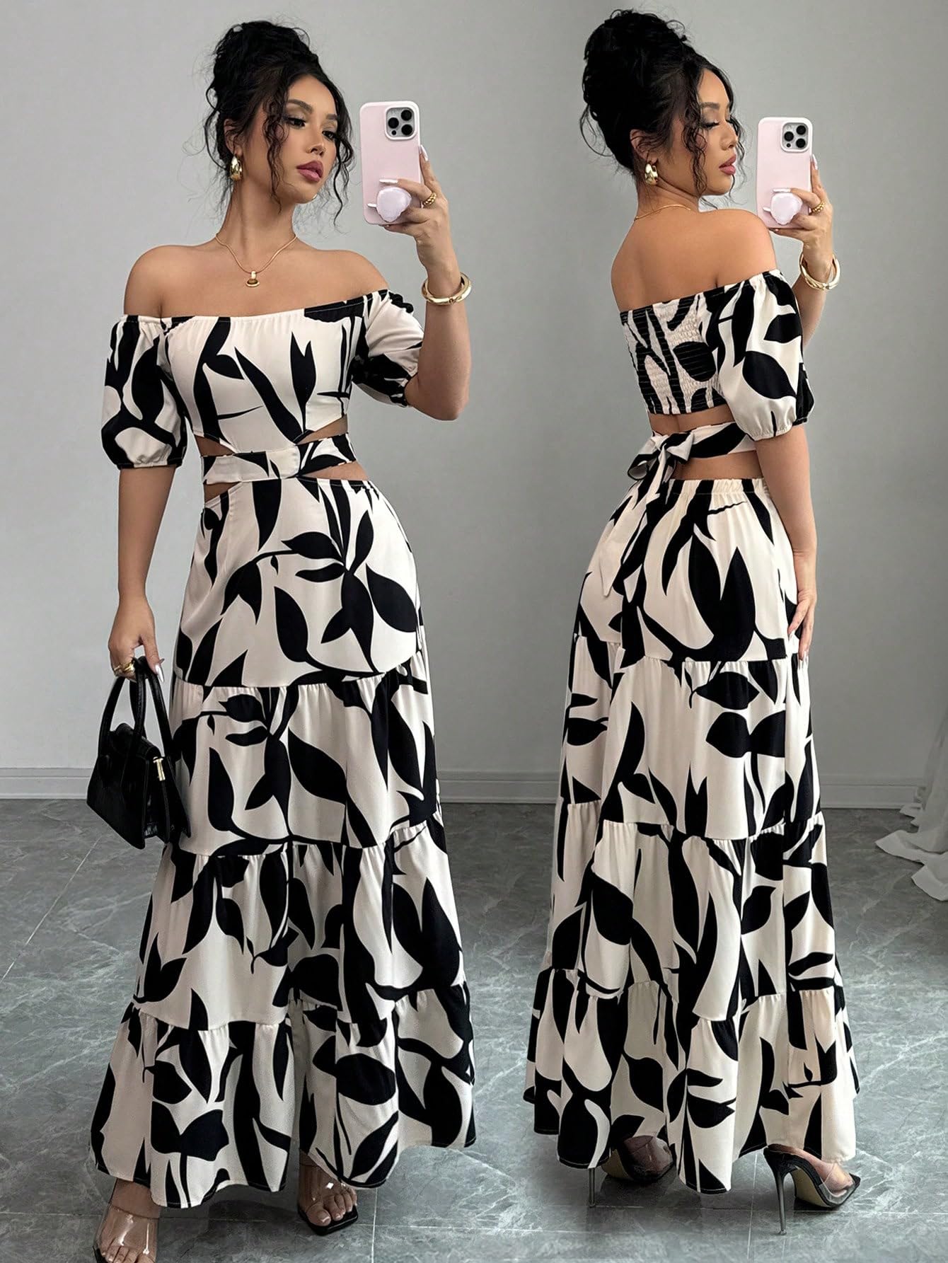 Women's Boho Off The Shoulder Short Sleeve Maxi Dresses Casual Summer Tiered Ruffle Swing Cut Out Flowy Dress