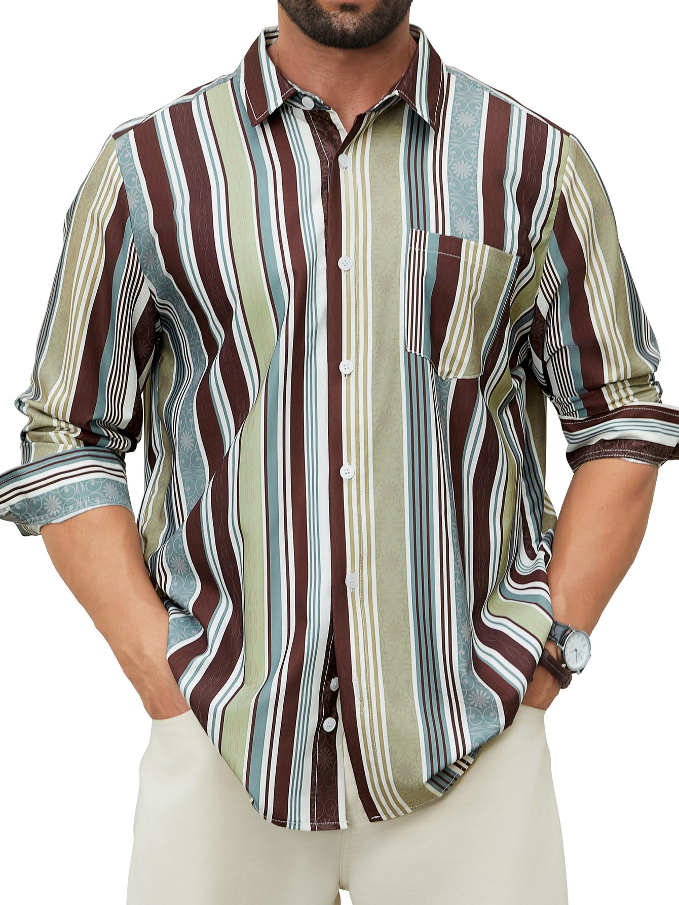 Hardaddy Men's Tropical Floral Button Down Long Sleeve Hawaiian Shirt Flower Printed Beach Shirts