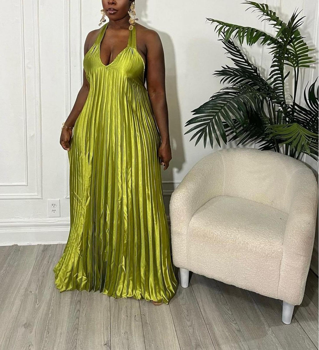 LAJIOJIO Women Pleated Maxi Dress Flowy Spaghetti Strap Halter Long Dresses | V Neck Sleeveless Dress,Summer Casual,Swing,Backless