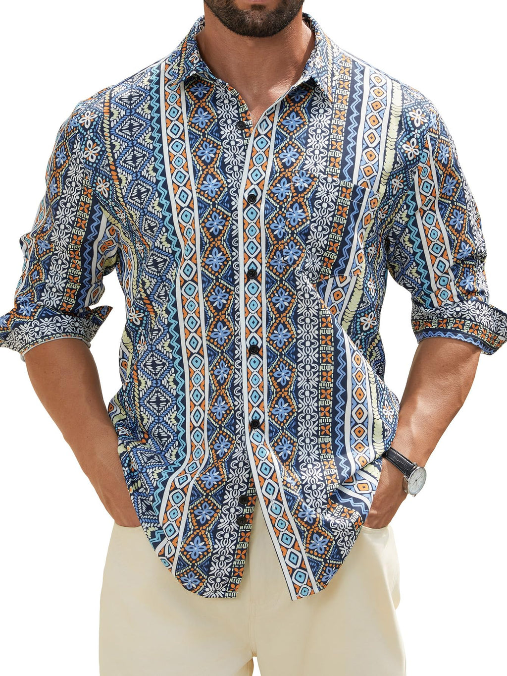 Hardaddy Men's Tropical Floral Button Down Long Sleeve Hawaiian Shirt Flower Printed Beach Shirts