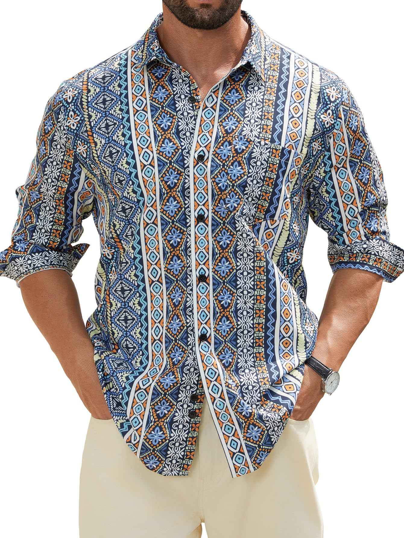Hardaddy Men's Tropical Floral Button Down Long Sleeve Hawaiian Shirt Flower Printed Beach Shirts
