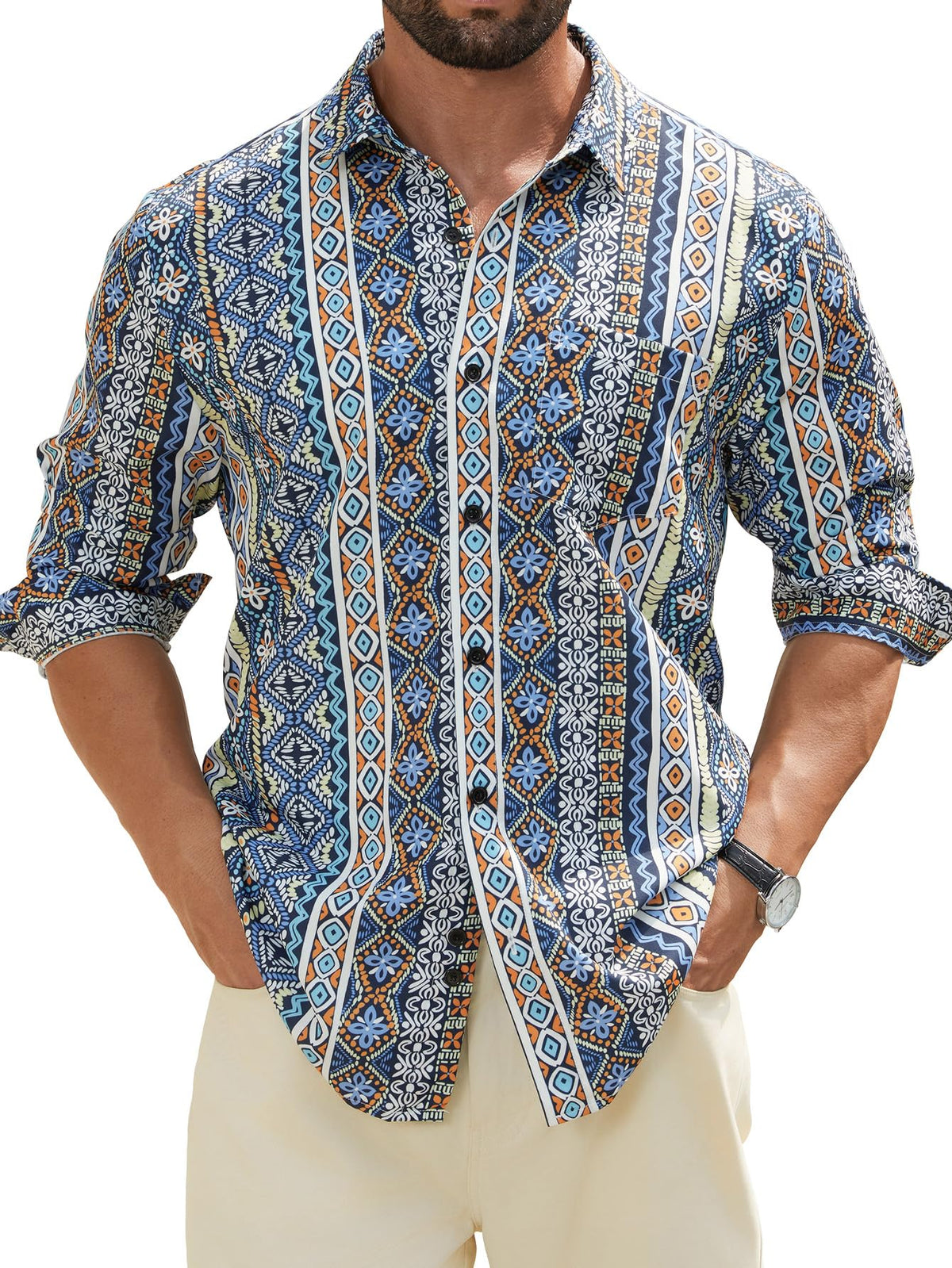 Hardaddy Men's Tropical Floral Button Down Long Sleeve Hawaiian Shirt Flower Printed Beach Shirts