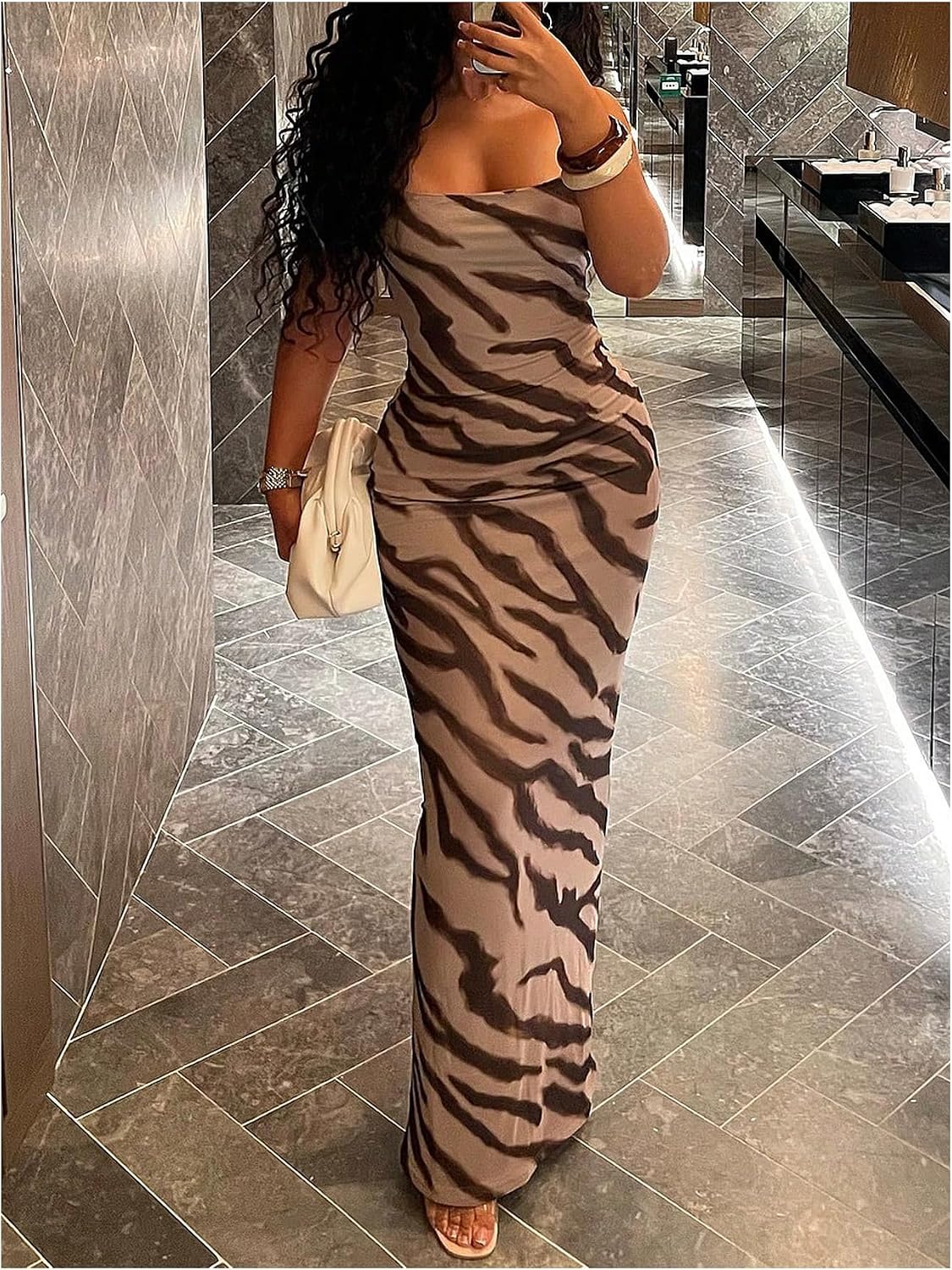 GORGLITTER Women's Zebra Print Dress Animal Print Bodycon Maxi Dress Y2K Cowl Neck Night Out Party Long Cami Dresses