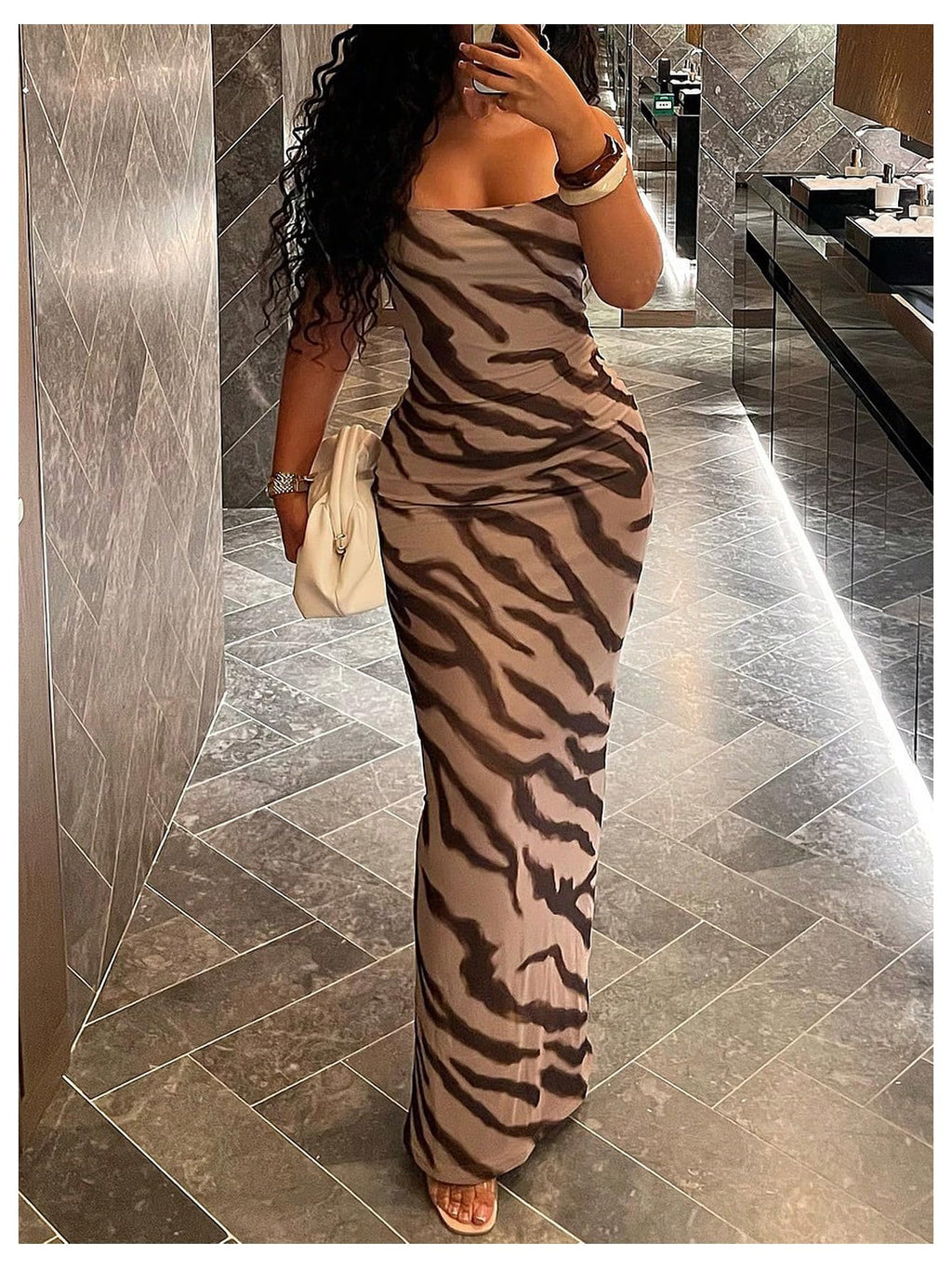 GORGLITTER Women's Zebra Print Dress Animal Print Bodycon Maxi Dress Y2K Cowl Neck Night Out Party Long Cami Dresses
