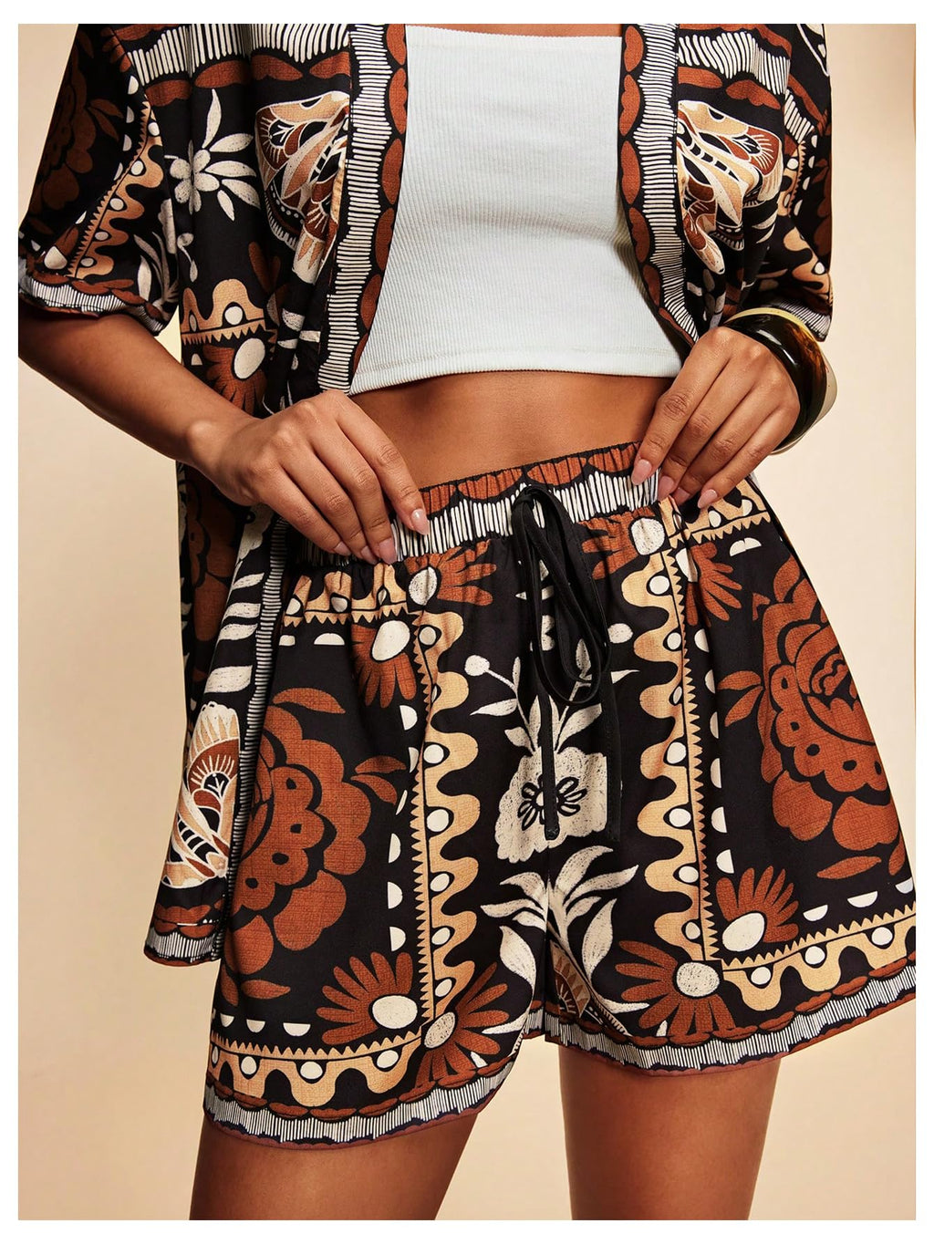 MakeMeChic Women's Two Piece Sets Summer Tropical Vacation Outfits Boho Floral Kimono Tops Shorts Set
