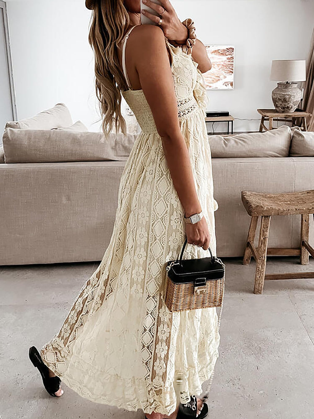 CUPSHE Womens Lace Summer Maxi Dresses 2026 Beach Wear | V Neck Spaghetti Straps Sundress, Tassel, Boho Pom Poms, Flowy Vacation Outfits, Resort Wear, Graduation Wedding Guest Looks