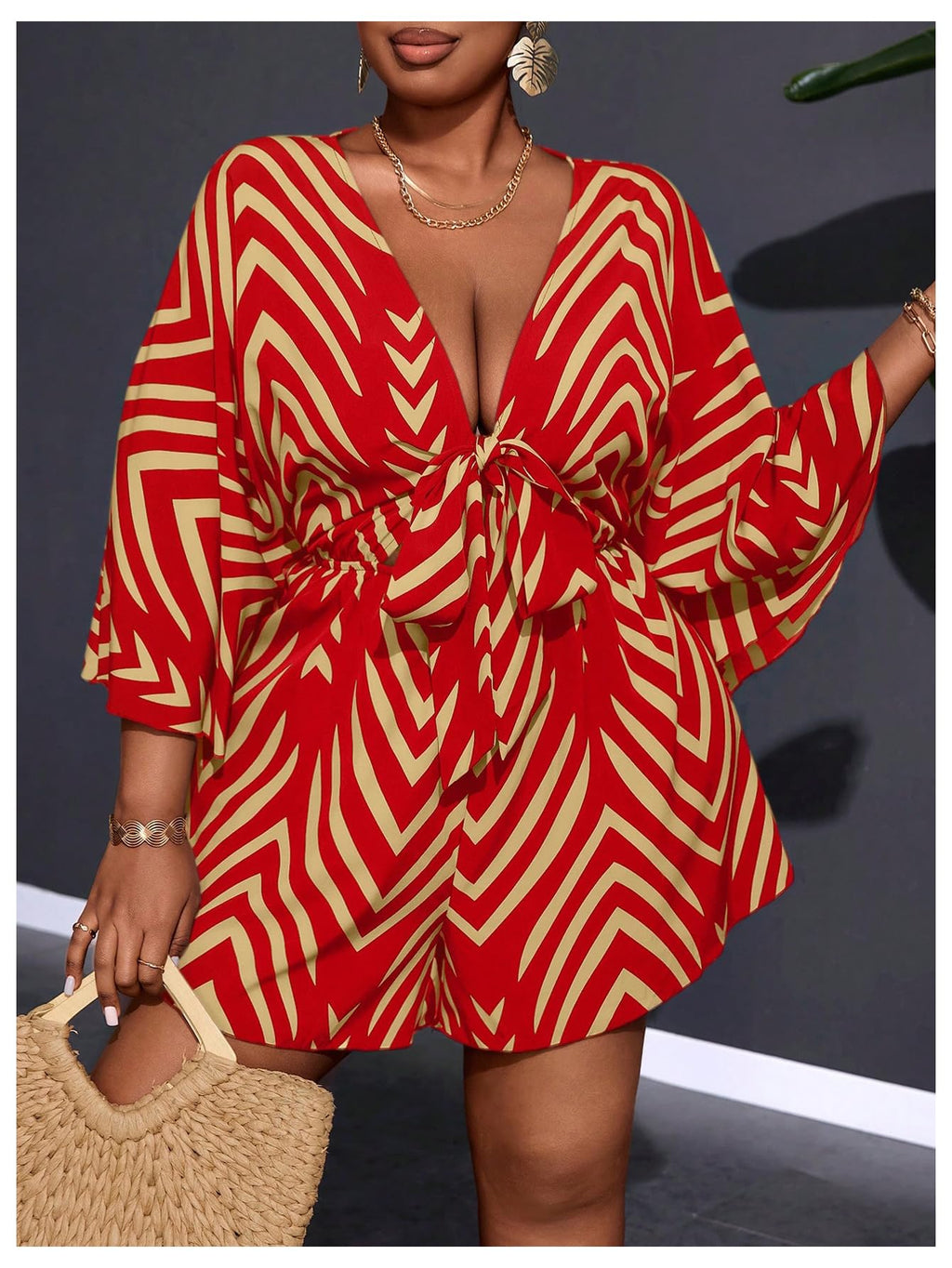 SOLY HUX Women's Plus Size Striped Tie Front Short Jumpsuit | V Neck, 3/4 Sleeve, Loose, Romper