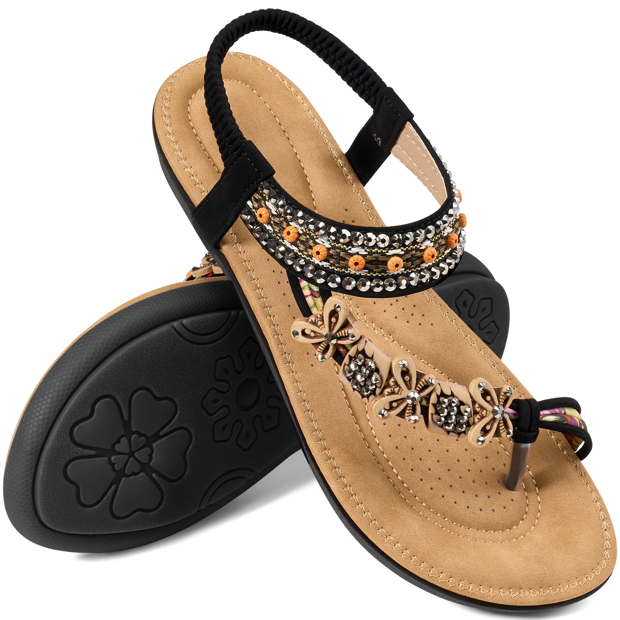 Ablanczoom Flat Sandals for Women Summer: Casual Boho Beaded Toe Ring Dress Shoes - Comfortable Vacation Daily Walking Shoes
