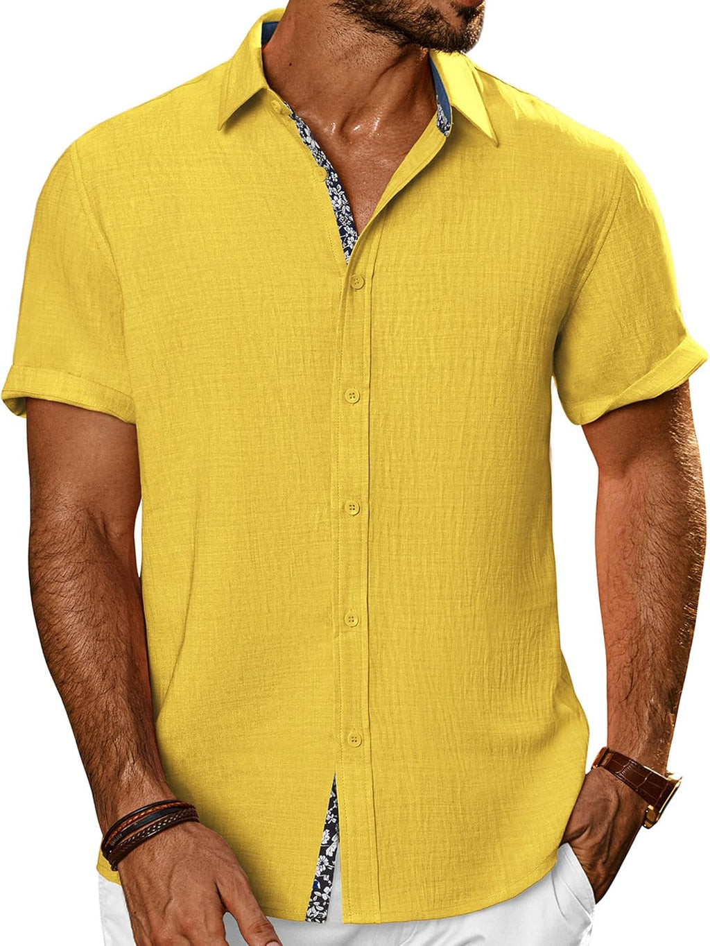 PJ PAUL JONES Mens Short Sleeve Button Down Shirts Casual Summer Clothing | Linen Textured, Summer Beach Vacation Tops, Untucked Dress Shirt, Lightweight, Regular Fit, Fashion Resort Wear