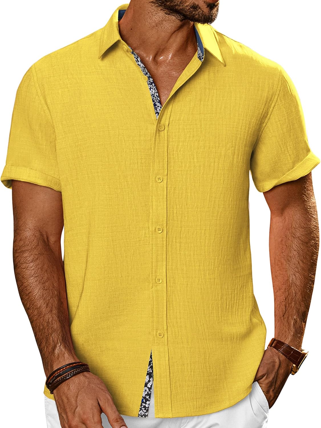PJ PAUL JONES Mens Short Sleeve Button Down Shirts Casual Summer Clothing | Linen Textured, Summer Beach Vacation Tops, Untucked Dress Shirt, Lightweight, Regular Fit, Fashion Resort Wear