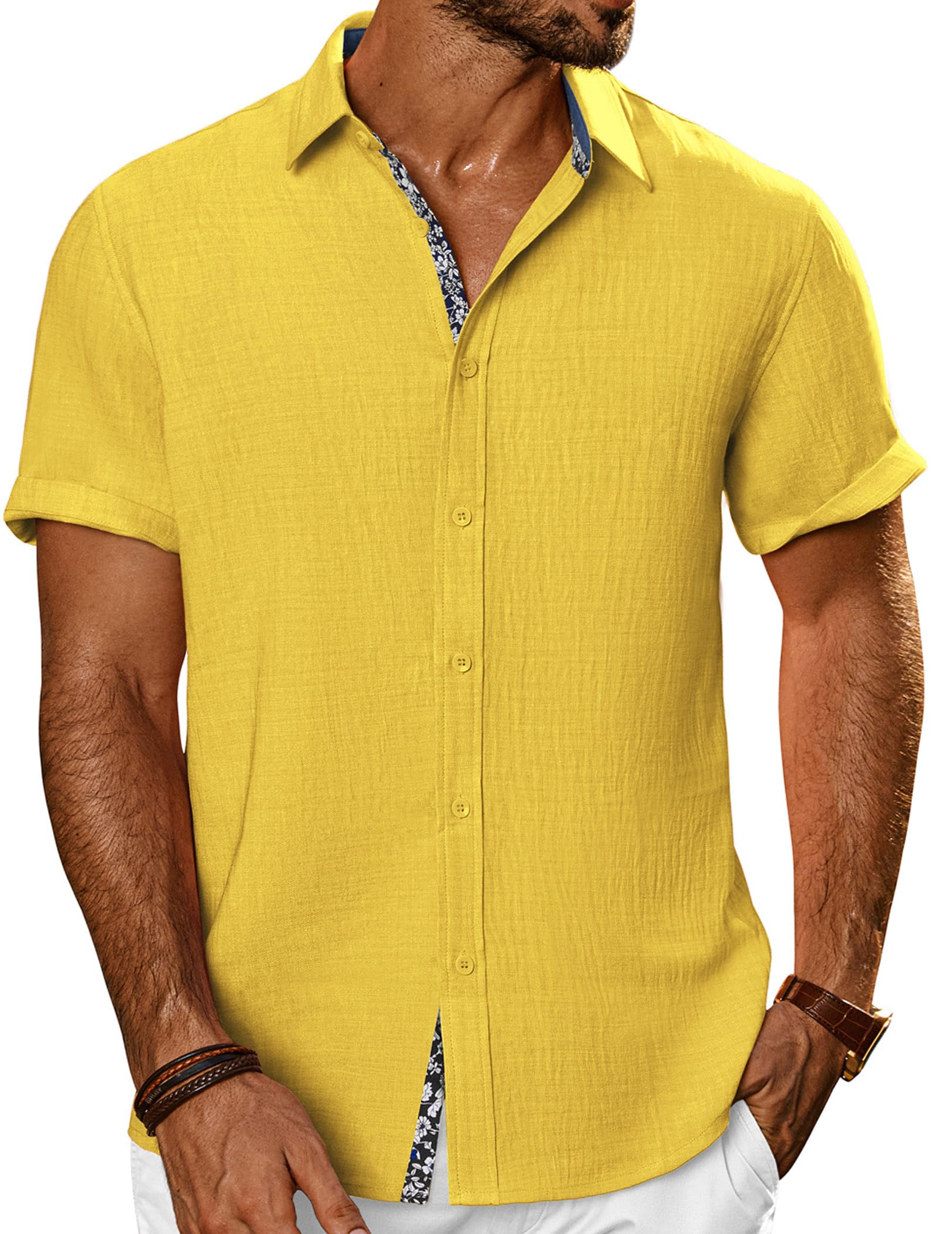PJ PAUL JONES Mens Short Sleeve Button Down Shirts Casual Summer Clothing | Linen Textured, Summer Beach Vacation Tops, Untucked Dress Shirt, Lightweight, Regular Fit, Fashion Resort Wear