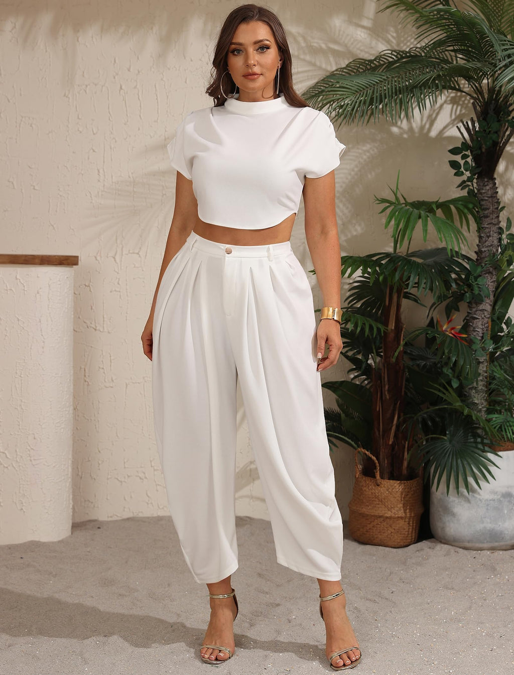 Ekaliy Womens Casual 2 Piece Outfits Cap Sleeve Crop Top Palazzo Pants Set | Mock Neck,Short Sleeve,Zipper-Back Crop Top,High-Waisted Pleated Pants,Wide Leg Dress Pants,2 Piece Sets For Women Dressy