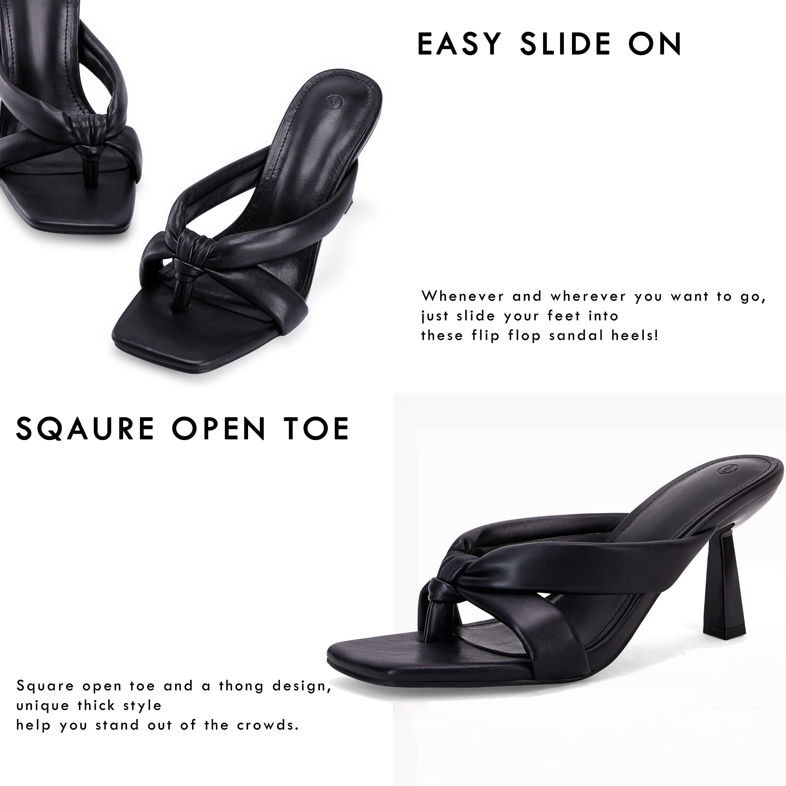 Coutgo Womens Thong Heels Mules Kitten Heel Square Toe Flip Flops Sandals | Slip On Dress Shoes, Comfortable Low Heel, Open Toe, Summer Beach, Party, Casual, Going Out