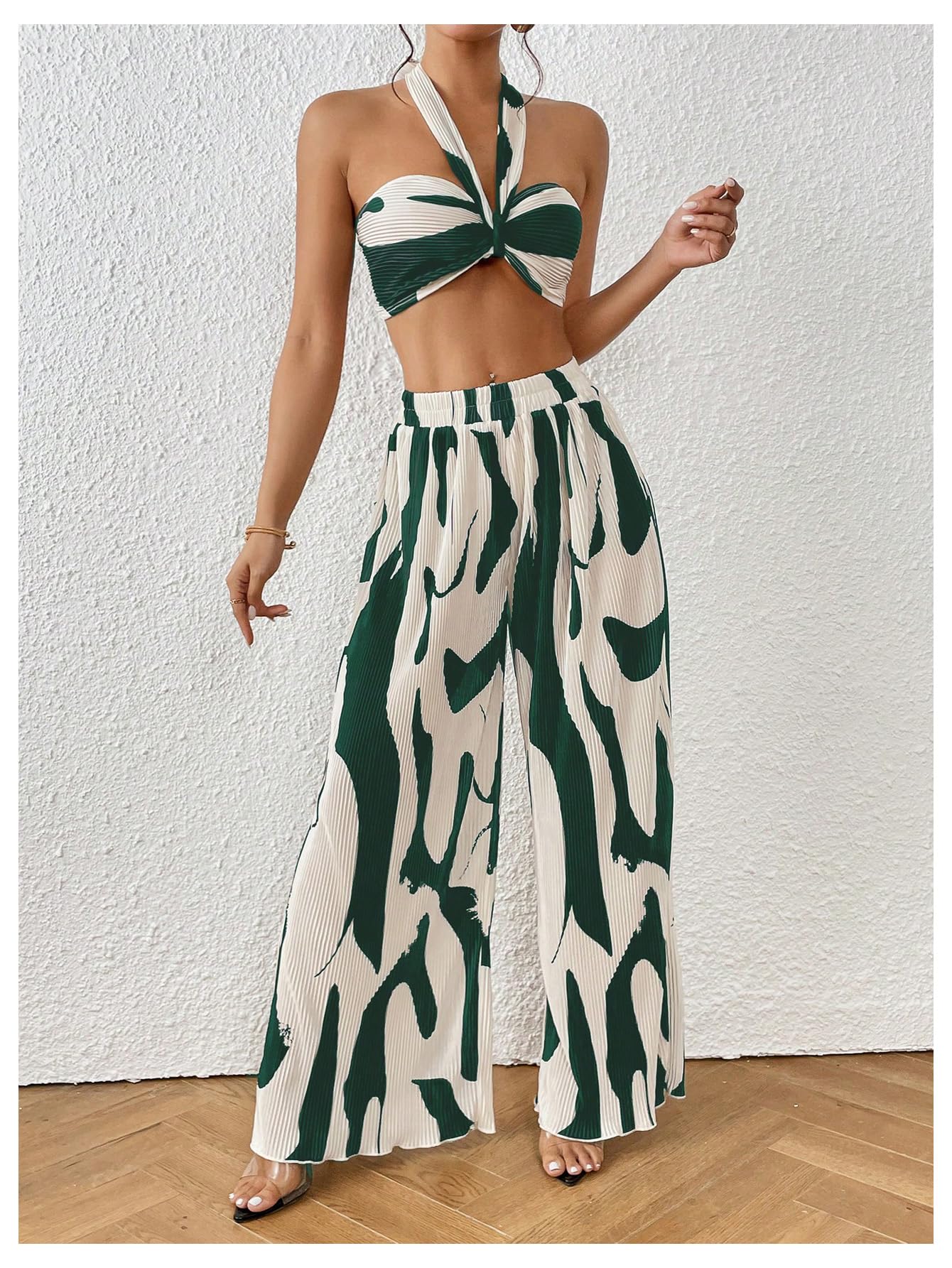 OYOANGLE Women's 2 Piece Graphic Halter Top Wide Leg Pants Vacation Outfits | Knitted, Sleeveless, Crop, High Waist, Beach Club, Summer Sets, Sexy Resort Wear