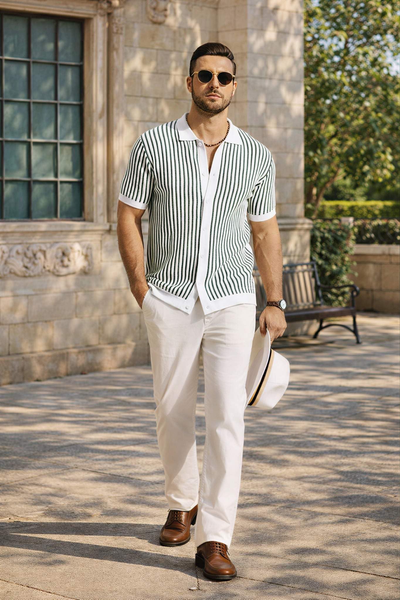 COOFANDY Mens Knit Button Down Shirts Short Sleeve Polo Shirt Vintage Striped Casual Shirts